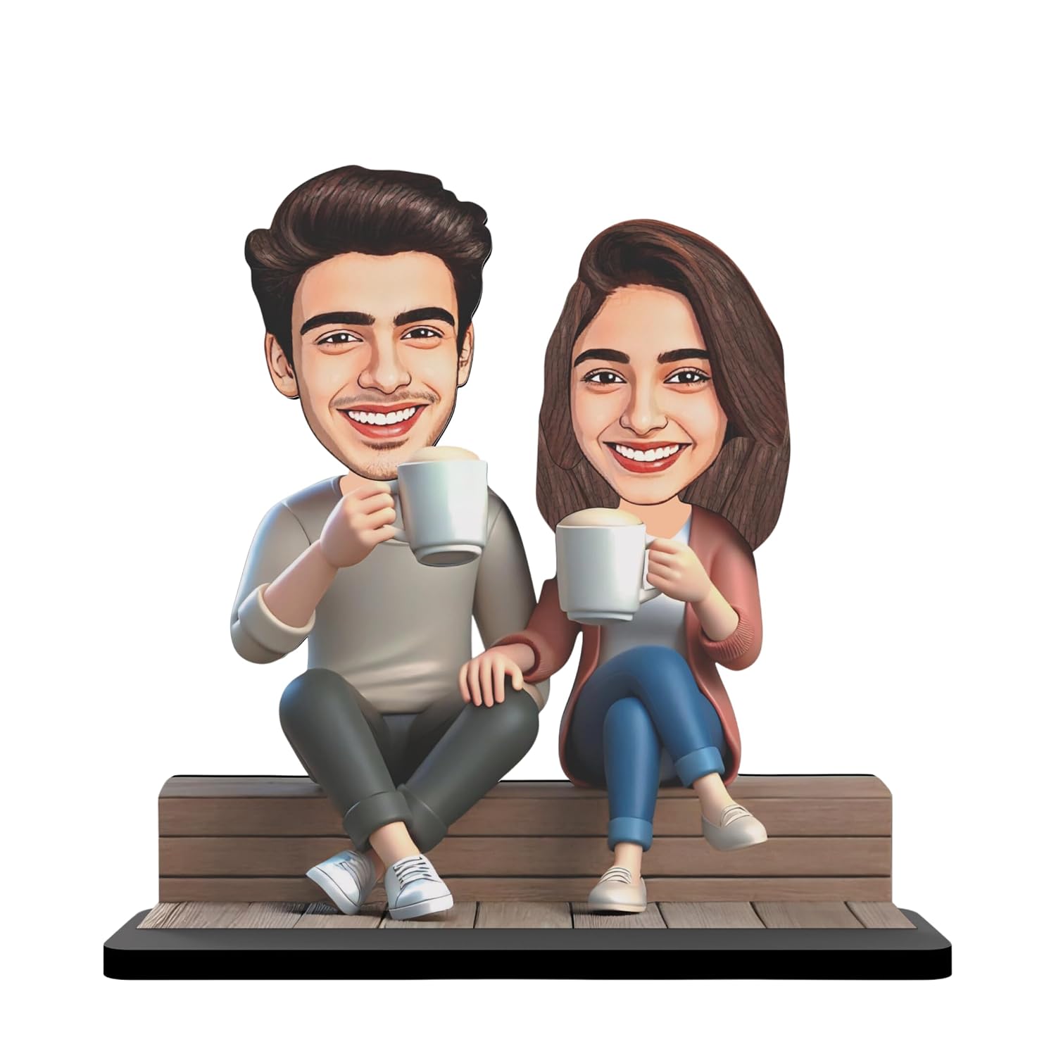Wood Rectangular Personalized Caricature Gift for Couple, 7 Inches, Tabletop Multicolor, Art Deco Style