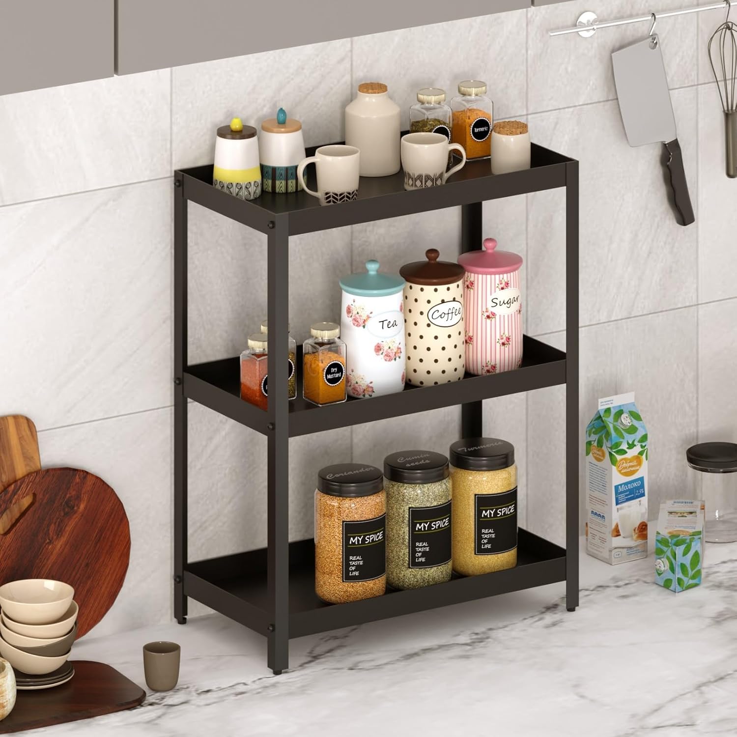 BLUEWUD Greta Metal Spice Masala Rack Shelf Stand Organizer/Spice Bottle Display Rack & Cup Stand for Home & Kitchen, DIY (Do it Yourself), (Black, 38.2 X 20.2 X 48 Cm)