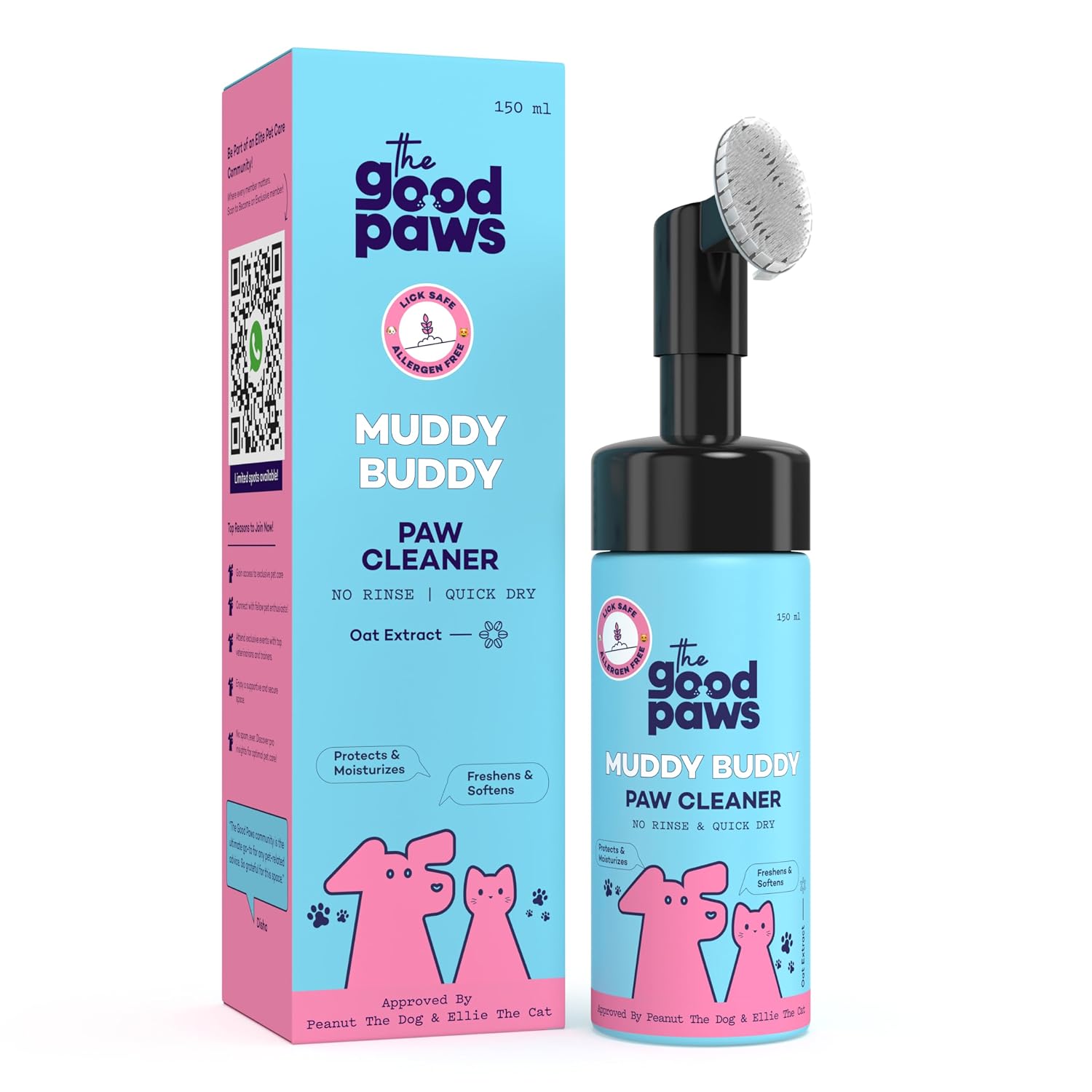 Muddy Buddy Paw Cleaner for Dogs & Cats, No Rinse Foaming Cleanser, Quick Dry, Lick Safe, Allergen Free, Protects & Moisturizes, Freshens & Softens, Oat Extract, 150 ml x 2