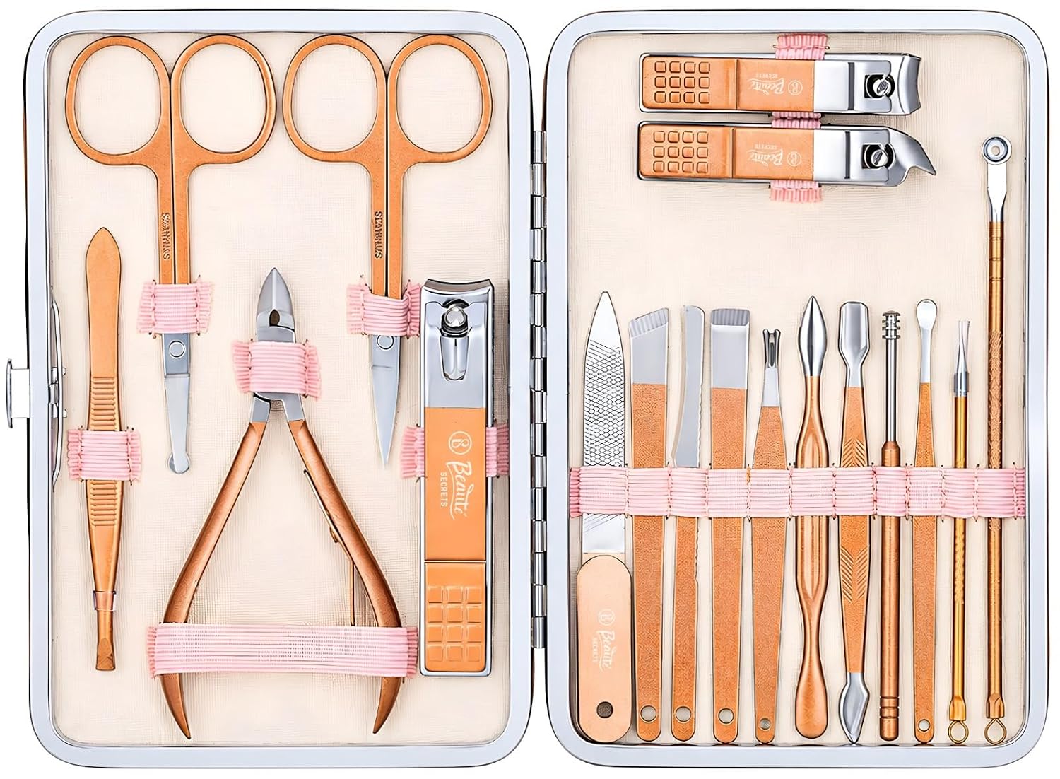 Beauté Secrets Manicure Kit, pedicure tools for feet, Nail Clipper, Manicure Pedicure kit for women and Men, 18 Pieces,Perfect Gifts for Women and Men (Rose Gold)