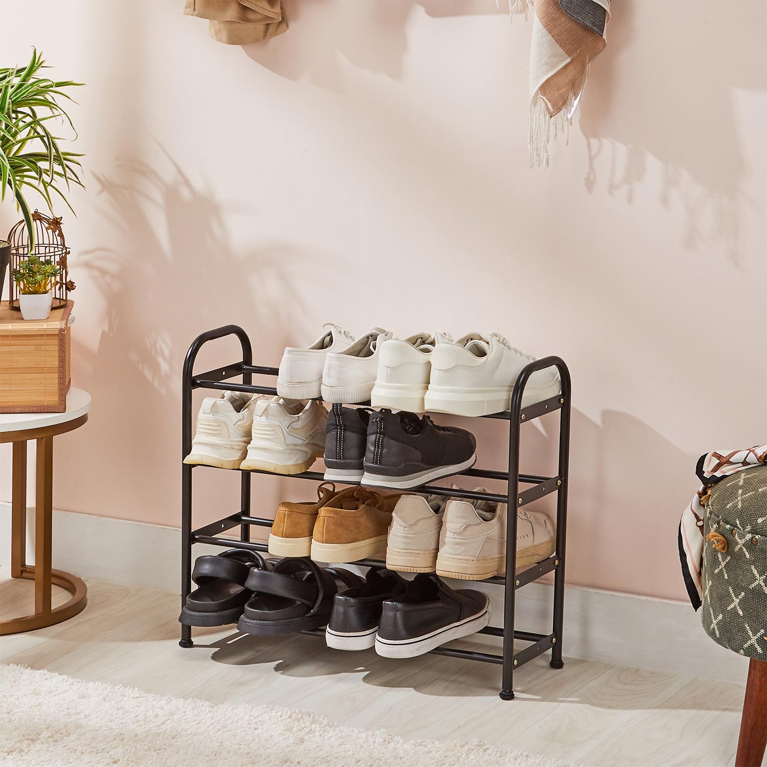 amazon basics-Shoe Rack – Adjustable For Kids/Adult Shoe Model – 4 Layer (61.5W Cm X 19D Cm X 51.8H Cm) Black, Carbon Steel