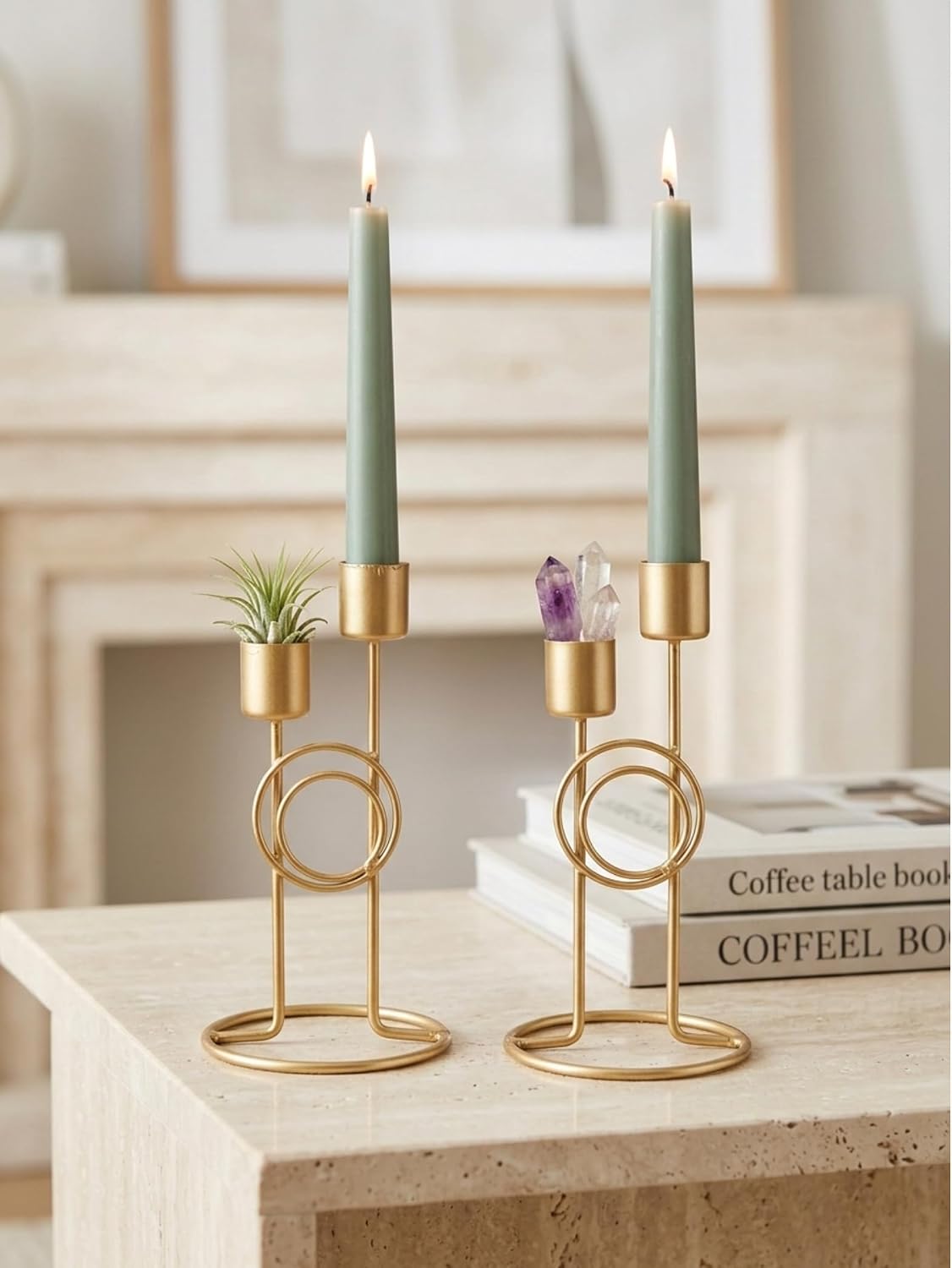 Modern Iron Double Candle Holder Set of 2 – Gold Metal Decorative Candle Stand for Home Decor, Table Centerpiece for Living Room Dining Table Bedroom (6.5 x 3.5 Inches) – Candles Not Included
