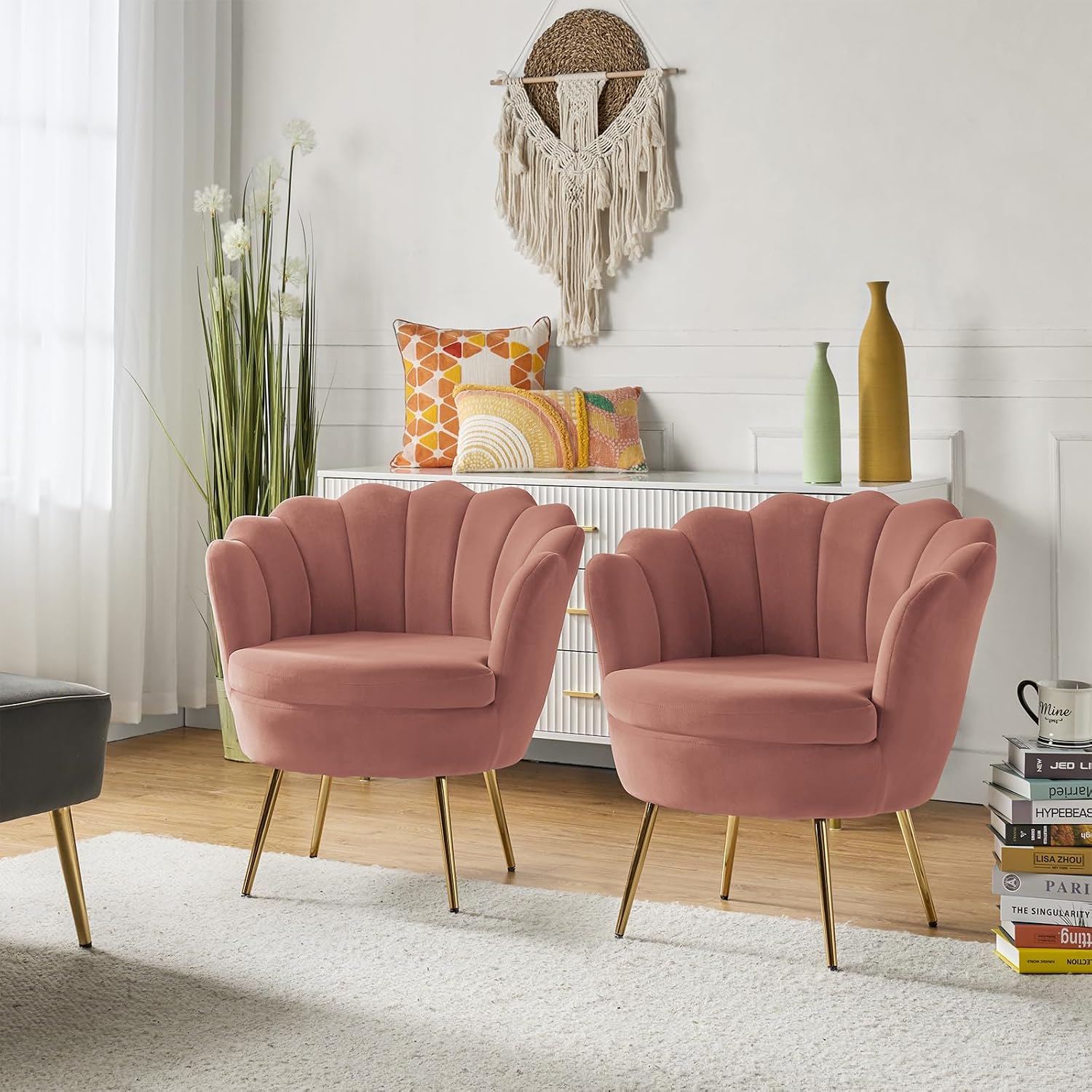 HULALA HOME Modern Velvet Accent Chairs Set of 2 with Channel Tufted Seashell Back, Cute Living Room Bedroom Armchairs with Gold Legs, Comfy Upholstered Vanity Chairs for Makeup Room, Pink