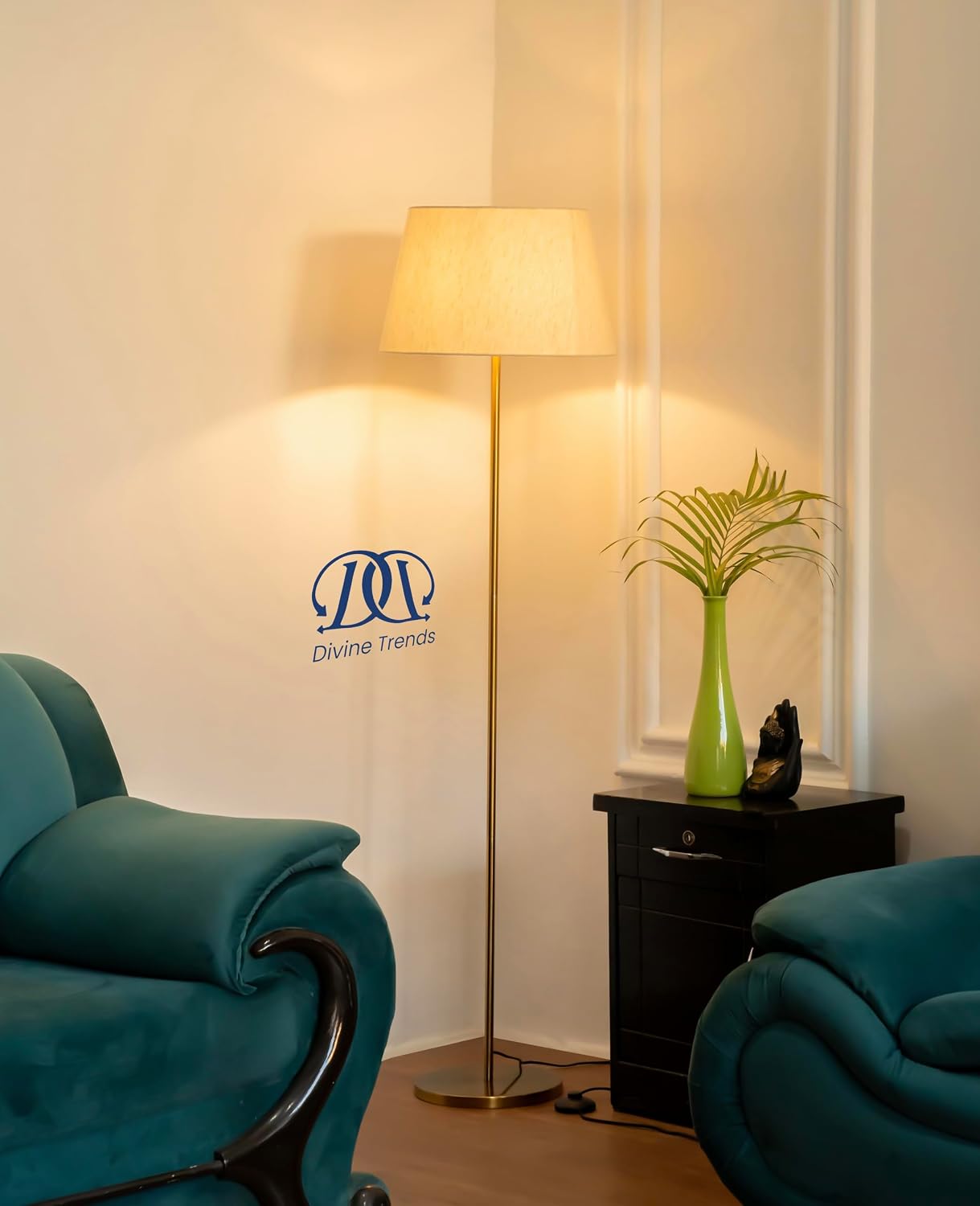 Divine Trends Floor Lamp LED, Incandescent Standing Modern Antique Brass Finish 5Ft Height with 16 Inches Off White Lampshade for Living Room Corner, Home, Hotel, Office Pack of 1 – Led Bulb Included