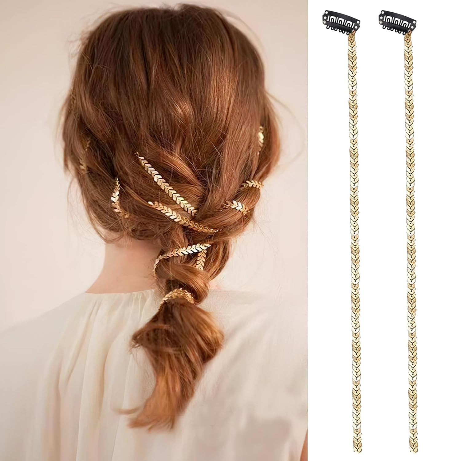 2 Pcs Premium Braided Hair Chain Punk Gold Color Metal Wheat Tassel Hair Clips Hair Extensions Braiding Hair Pins Hair Accessories for Women Girls Wedding Party 2Pcs