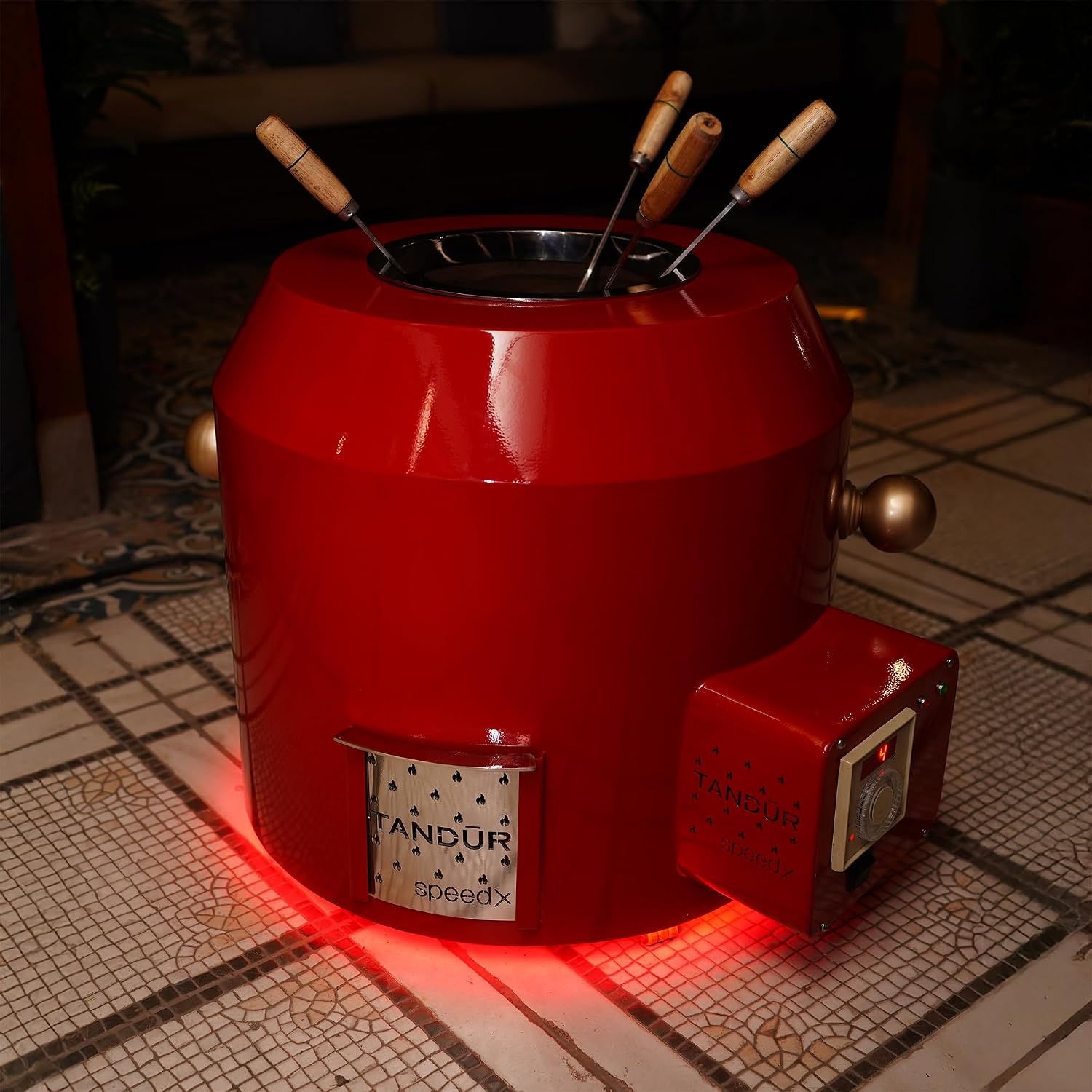 Haus of Bars by Speedx – Electric Tandur with 4 Skewers | Home Cooking Tandoor Crafted with a Blend of Clay & Metal, (20x20x20) Inches, Cylindrical (Fiery Red)