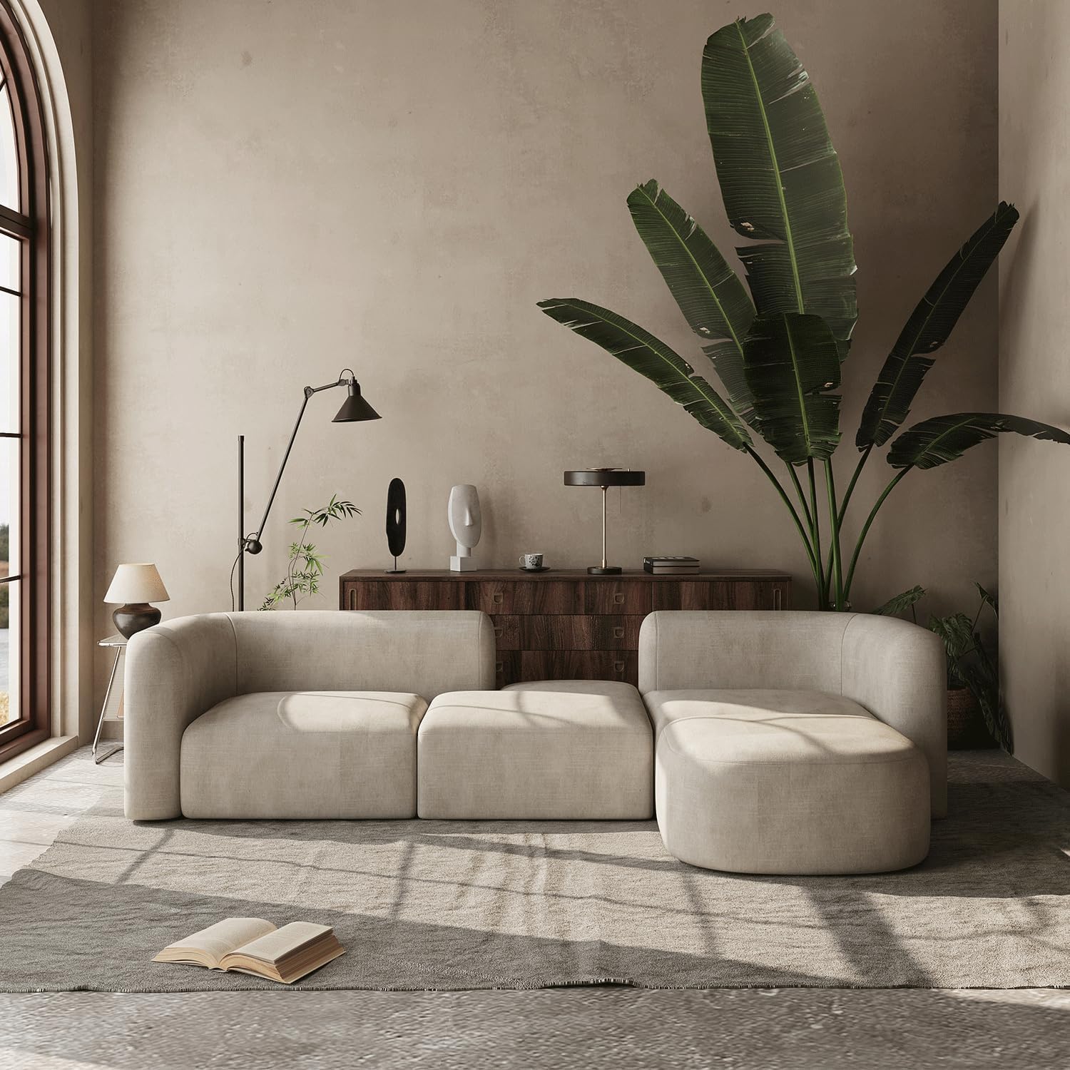 Modern Style Curved Sectional Living Room, Minimalist Comfy Velvet Fabric Modular Sofa for Apartment, Home Office, Beige