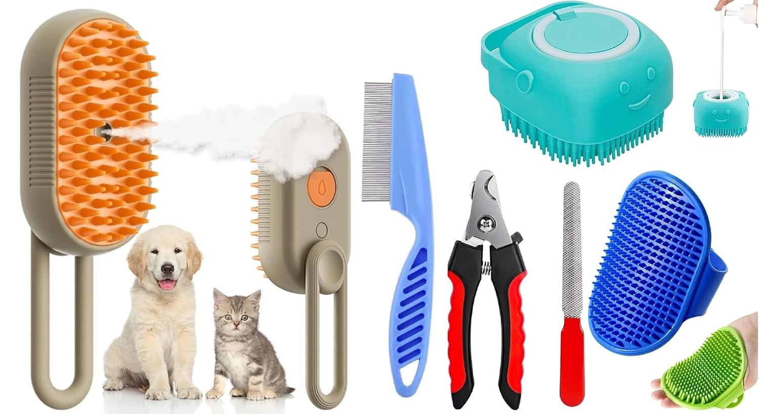 Bekin 6-in-1 Pet Grooming Set – 3-in-1 Steam Water Brush, Silicone Bath & Massage Tool, Adjustable Rubber Bath Scrubber, Ergonomic Nail Clippers & Dog Flea Comb for Dogs and Cats