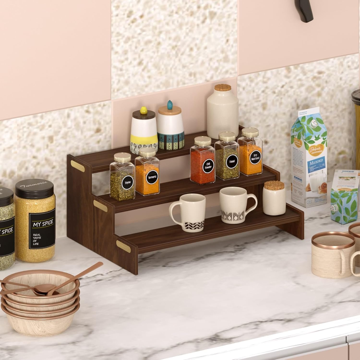 BLUEWUD Dolvin Ladder Style Engineering Wood Spice Masala Rack Shelf Stand Organizer/Spice Bottle Display Rack & Cup Stand for Home & Kitchen, DIY (Do it Yourself), (Brown Maple, 36 X 24 X 15 Cm)