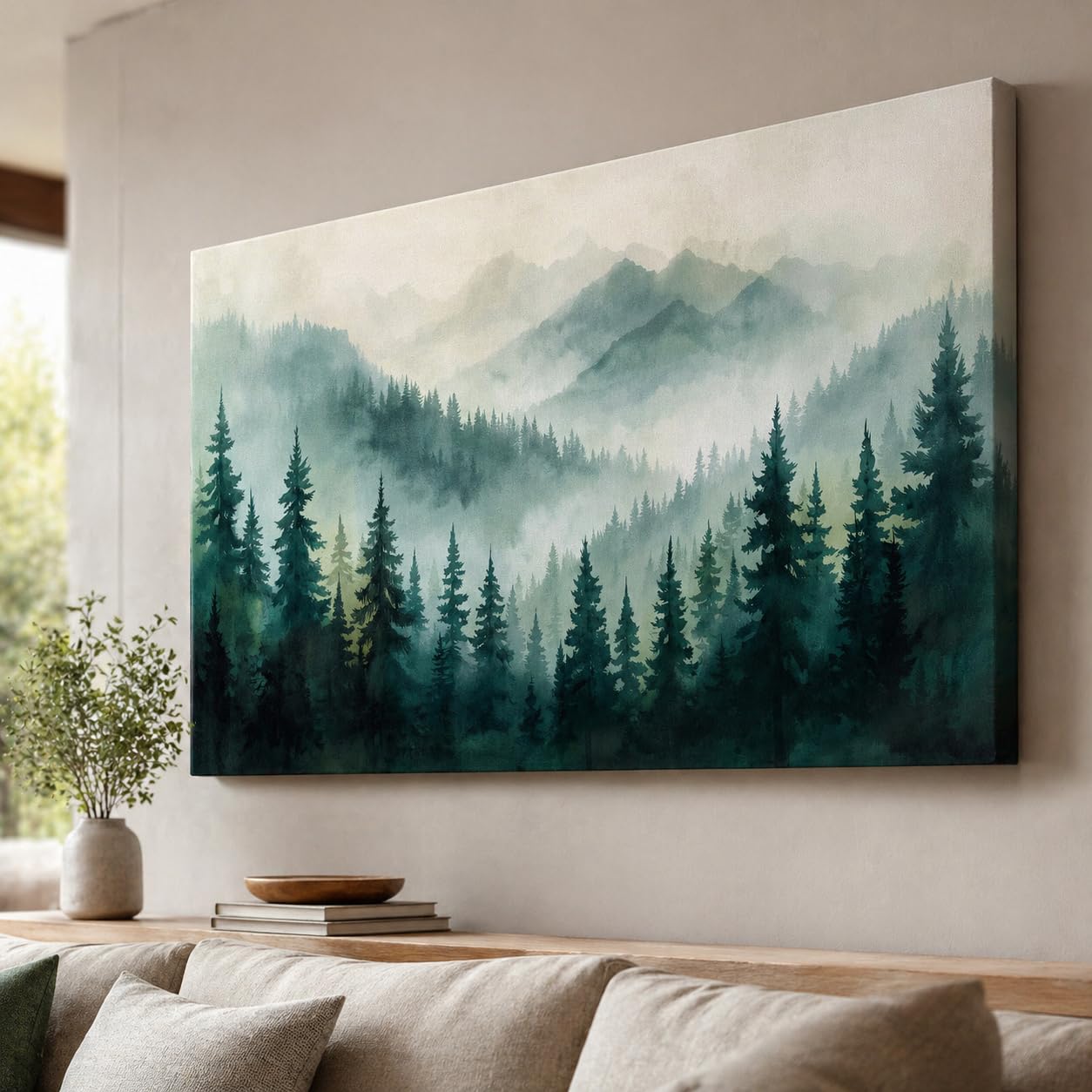 KUNJCART Misty Mountain Painting For Wall Vastu – Large Nature Landscape Painting for Living Room, Bedroom & Office –Nature Wall Art for bedroom, Big Size Green Scenery for Wall Decoration and Home decor Vastu (36 x 24 Inch, Rolled Canvas Only , Without Frame)