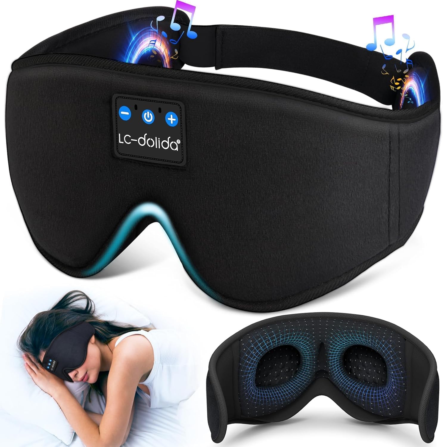 LC-dolida 5.4 Bluetooth Sleep Headphones, 3D Sleep Mask Bluetooth Wireless Music Eye Mask, Sleeping Headphones,Ideal for Travel, Night Work, Side Sleeping and Office Use for Both Men and Women