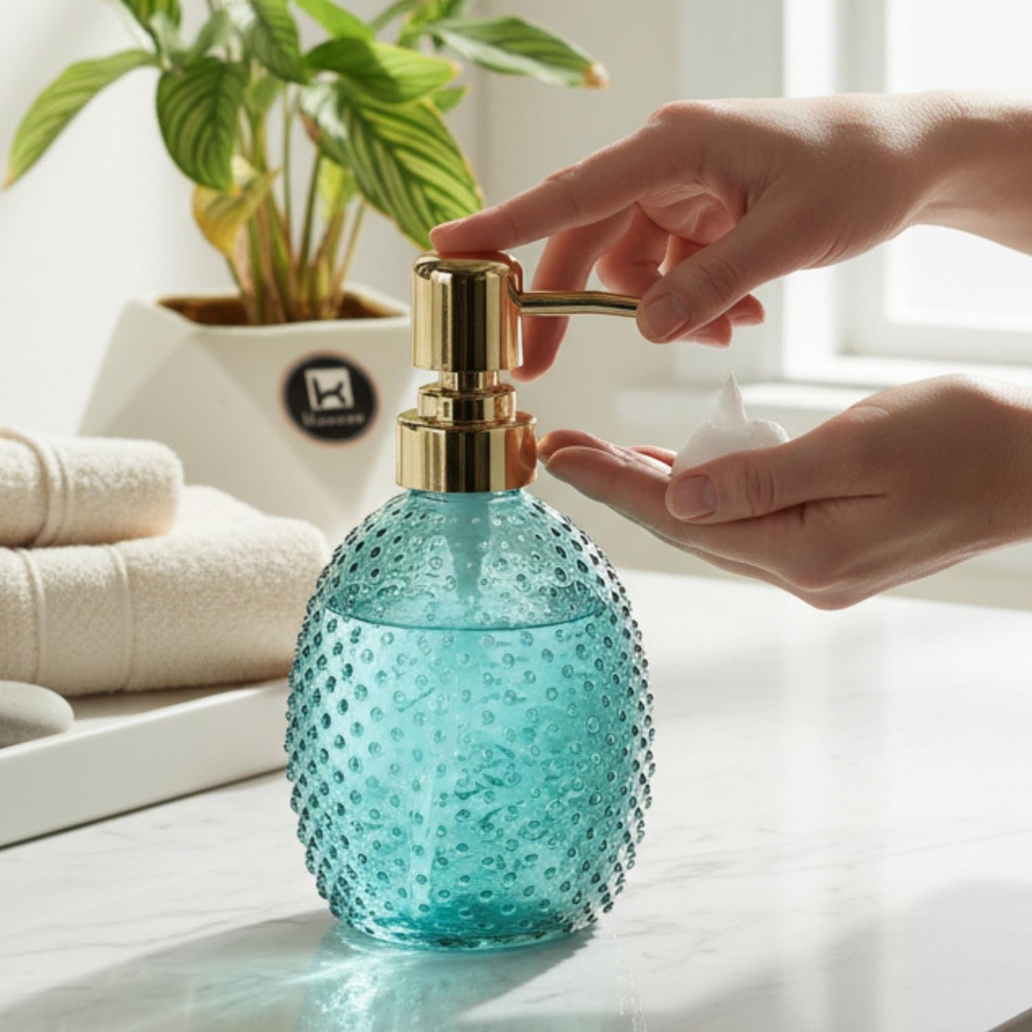 Kookee Glass Soap Dispenser with Refillable Pump | Bathroom & Kitchen Hand Wash Liquid Dispenser Bottle | Transparent Green | Set of 1 (11590)