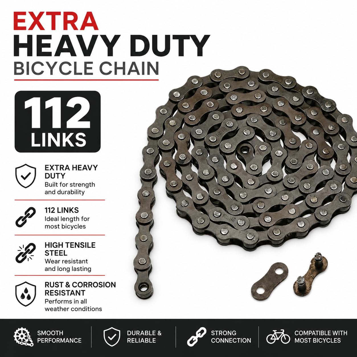 Extra Heavy Duty Bicycle Chain 112 Links | High Tensile Steel Single Speed Cycle Chain | Rust & Corrosion Resistant Replacement Chain for MTB, Road, City & Hybrid Bikes