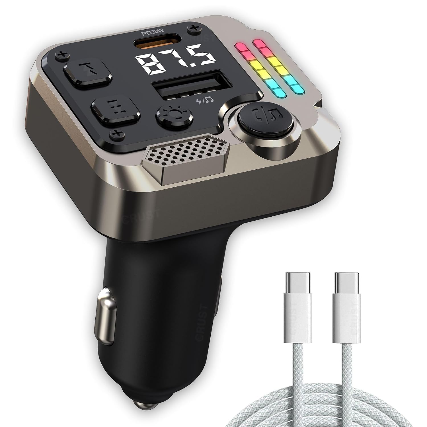 CRUST CS60 Car Bluetooth Receiver Device for Music System, FM Transmitter, Big Mic for Hands-Free Calling, 45W PD/USB Fast Car Charger, BT v5.3, Music-Sync Lights, USB MP3 Playback, Metal Rim Design