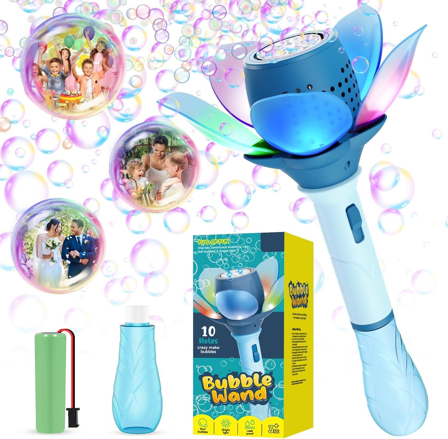 Electric Bubble Stick for Kids, Automatic Bubble Machine 10000+ Bubbles Light Up Flower Bubble Wand Bubble Toys for Summer Outdoor Party Wedding (Blue)