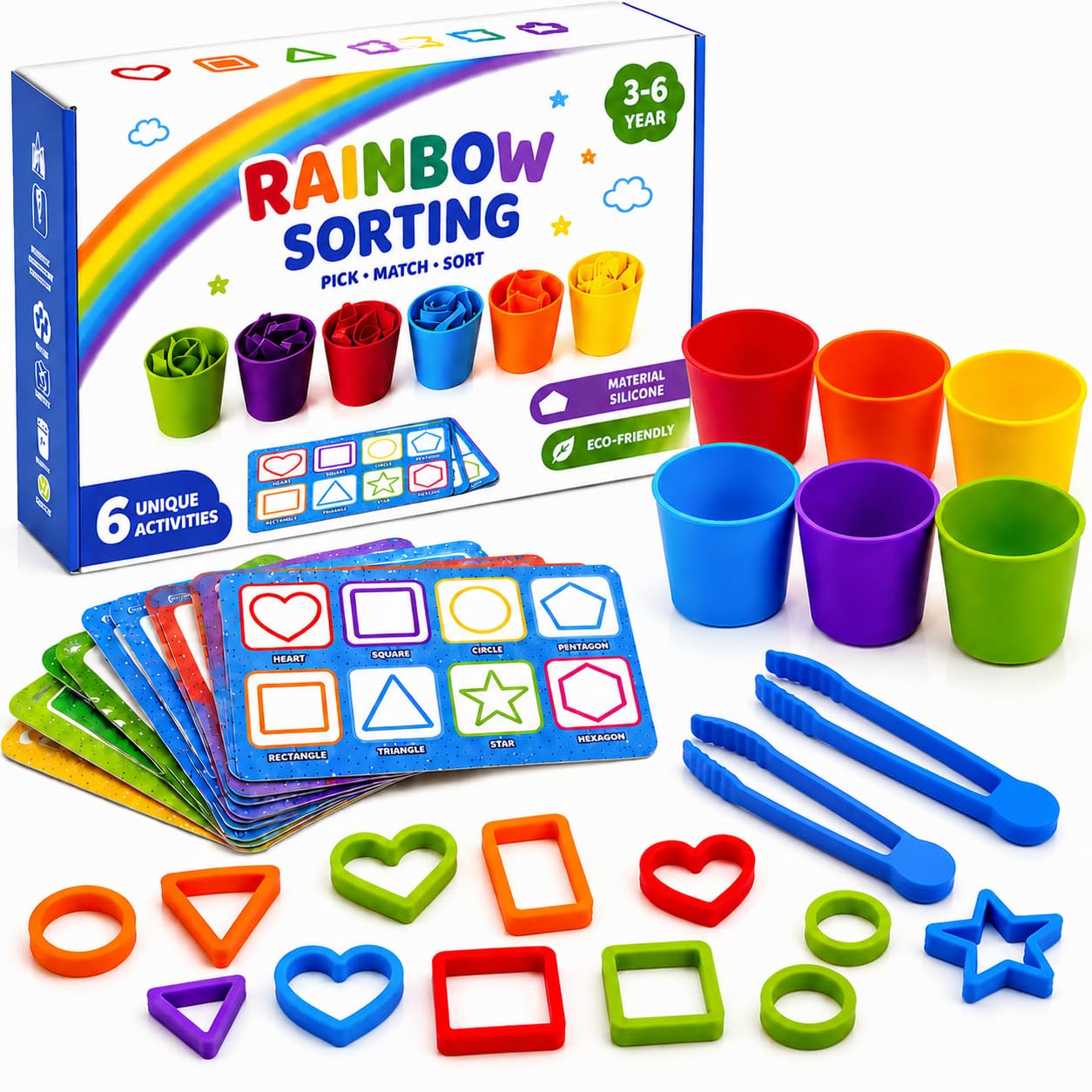 Silicone Rainbow Shape Sorting Game for Kids, Montessori Learning Toy, Color & Shape Matching, Counting, Sequencing, Fine Motor Skills Activity, Preschool Gift For Kids Girls, Ages 3-6