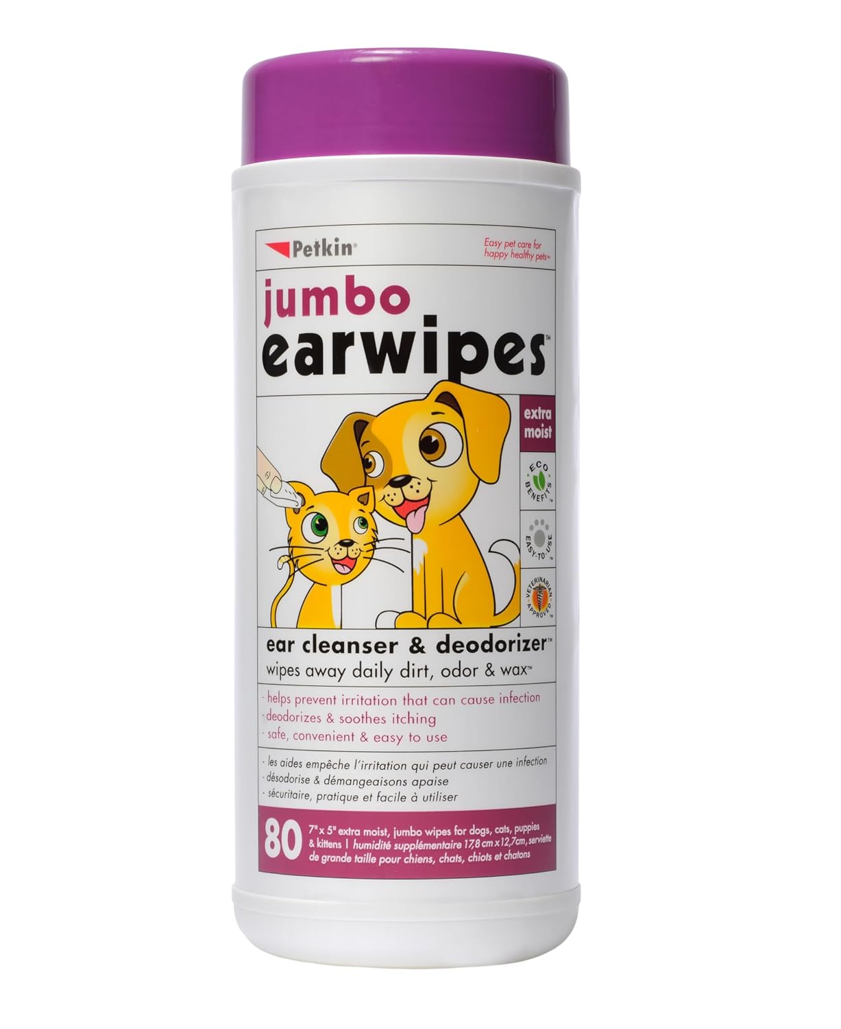 Petkin Jumbo Ear Wipes, 80-Count | Jumbo Ear Cleaning Wipes