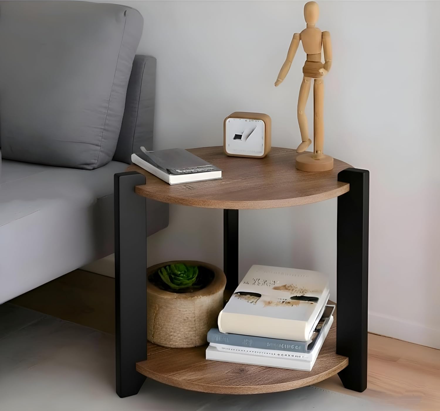 Shoper cart Round End Table with 2-Tier Storage Shelf, Room Decoration Items for Bedroom, Side Tables for Bedroom, Home Decor for Living Room, Walnut Wood Top with Black Wooden Legs, 30×36 cm