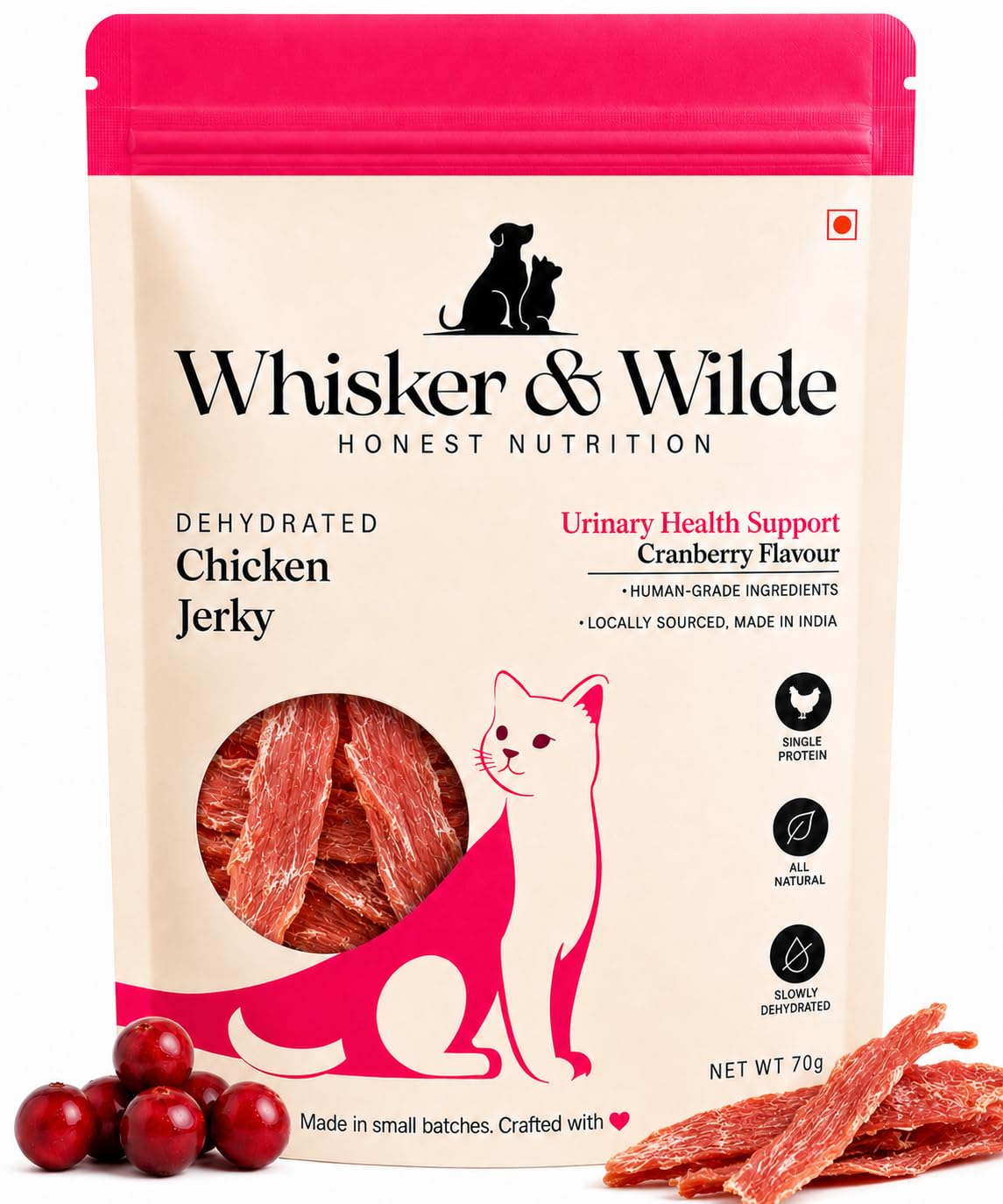 Dehydrated Chicken Jerky Cat Treats | Urinary Tract Health Support with Cranberry | Antioxidant-Rich | Dental Chew | Training and Reward | No Preservatives | 70g