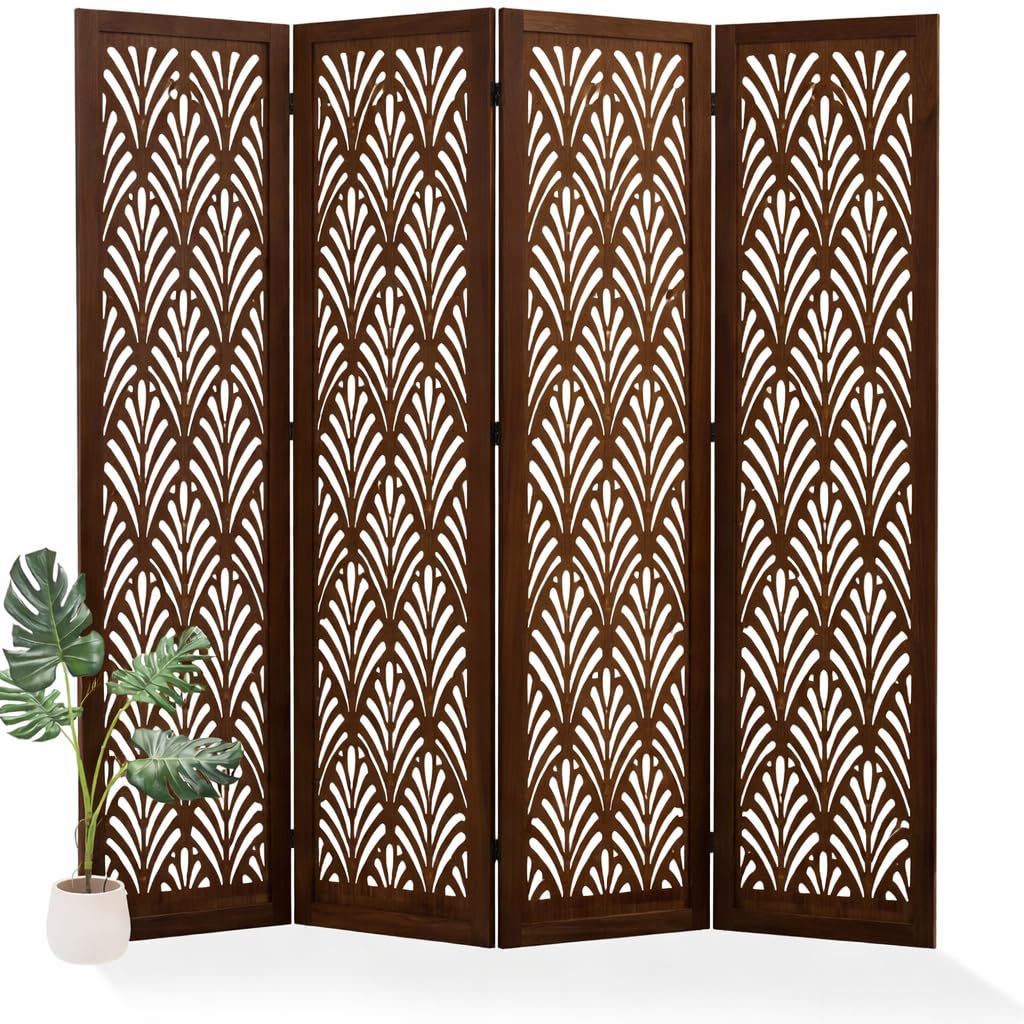 Wooden Living Partition Room Divider 4 Panel | Foldable Privacy Screen with Geometric Cut-Out Design | Pooja Room Partition for Living Room, Bedroom & Office (Brown)