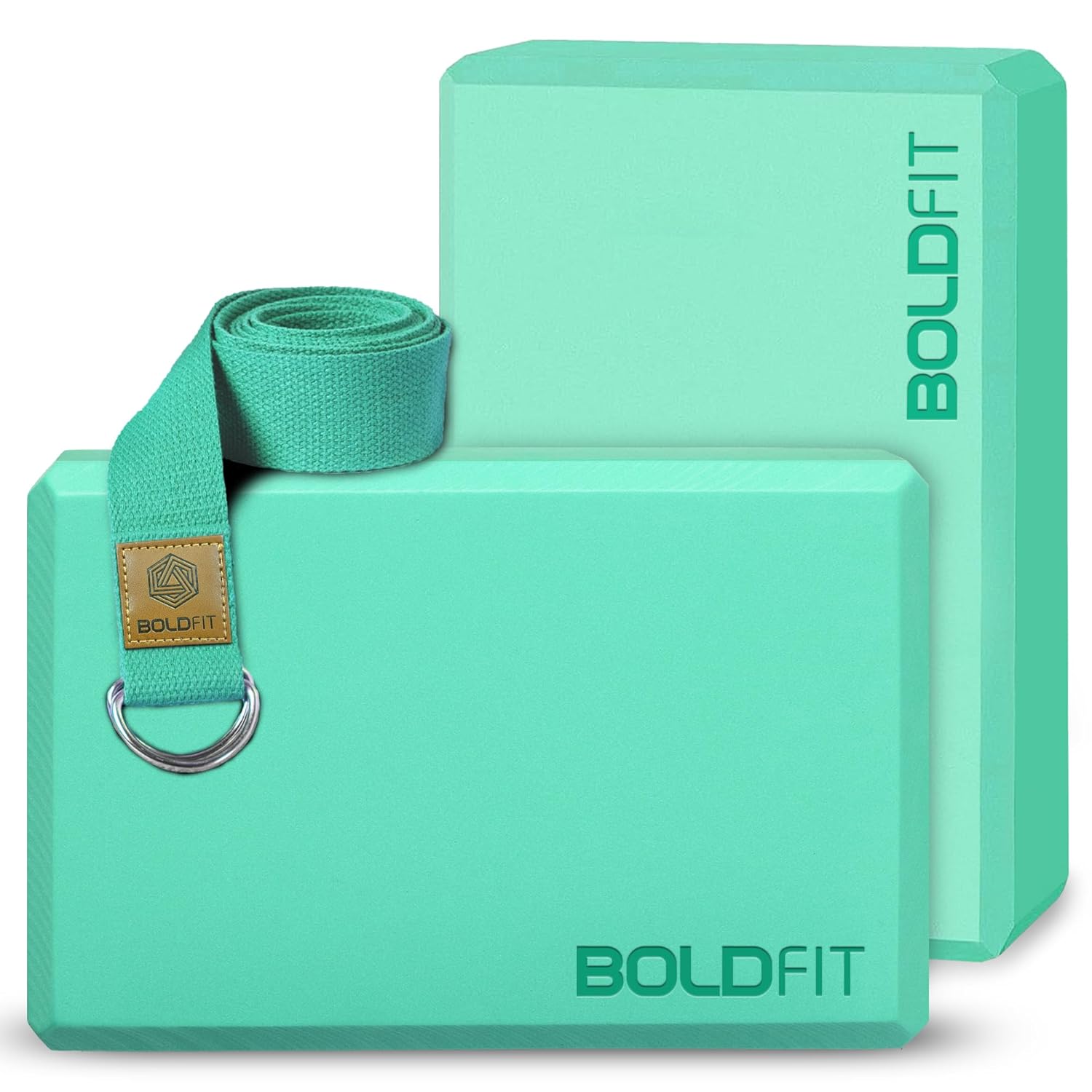 Boldfit Yoga Blocks & Belt – High Density Foam Bricks Pack of 2 for Stretching, Balancing & Pose Support – Green