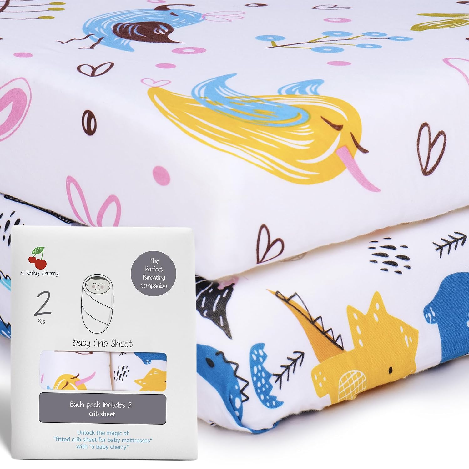 A Baby Cherry Fitted Crib Sheet 100% Organic Jersey Cotton 125 * 65CM, 2 Pack Super Soft and Cozy Crib Cover Set for Toddler Mattress, Crib Bedsheet for Boys & Girls,Animal