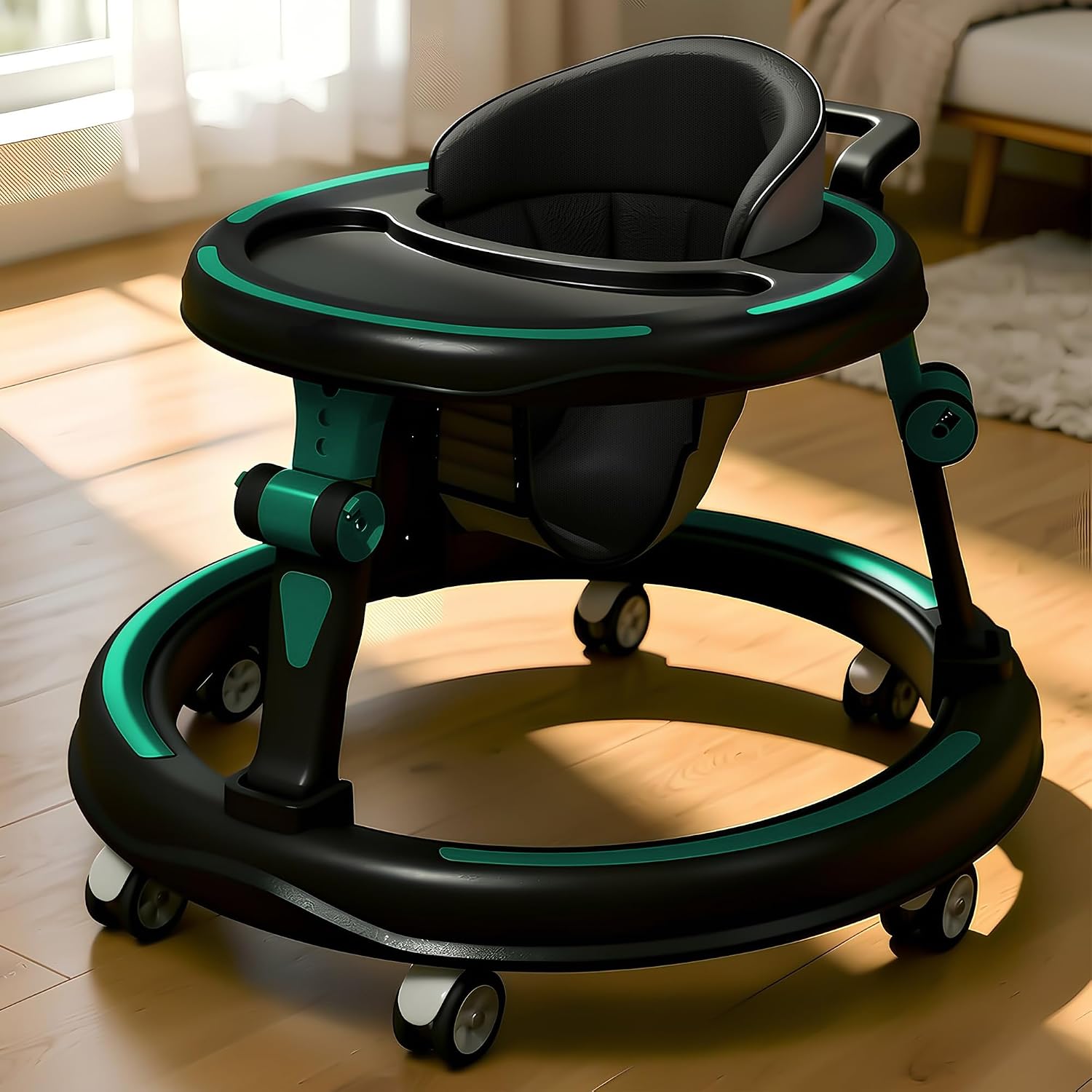 StarAndDaisy Baby Walkers for 9+, 6-18 Month Baby boy & Girl 360° Walker for Kids for 6-24 Months with 7 Level Height Adjustment, Foldable Baby Walker with Smooth Wheels (Green-Black)