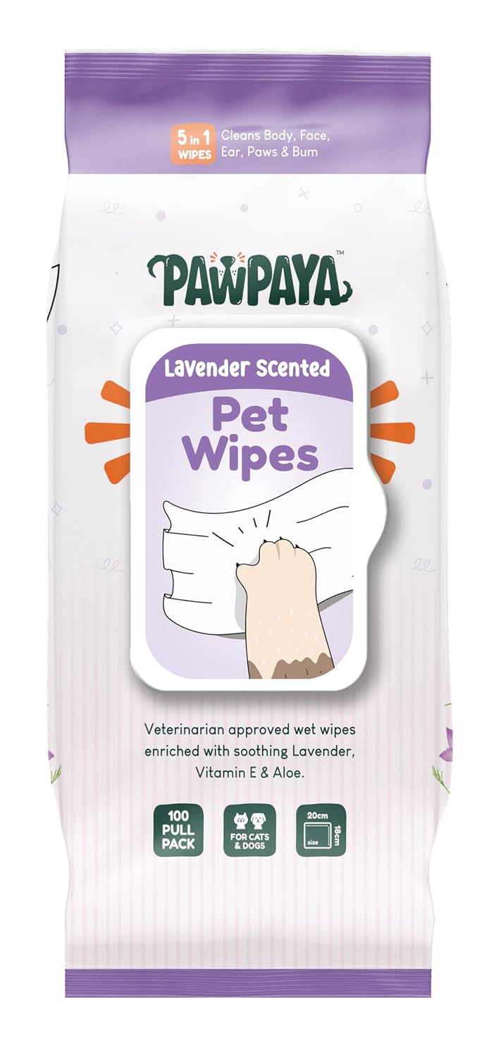 Pawpaya Lavender Pet Wipes – 100 Pulls | Alcohol-Free & Hypoallergenic | Cleans Paws, Face, Ears & Bum | Vegan, Paraben-Free, Cruelty-Free | Daily Grooming Wipes for Dogs & Cats