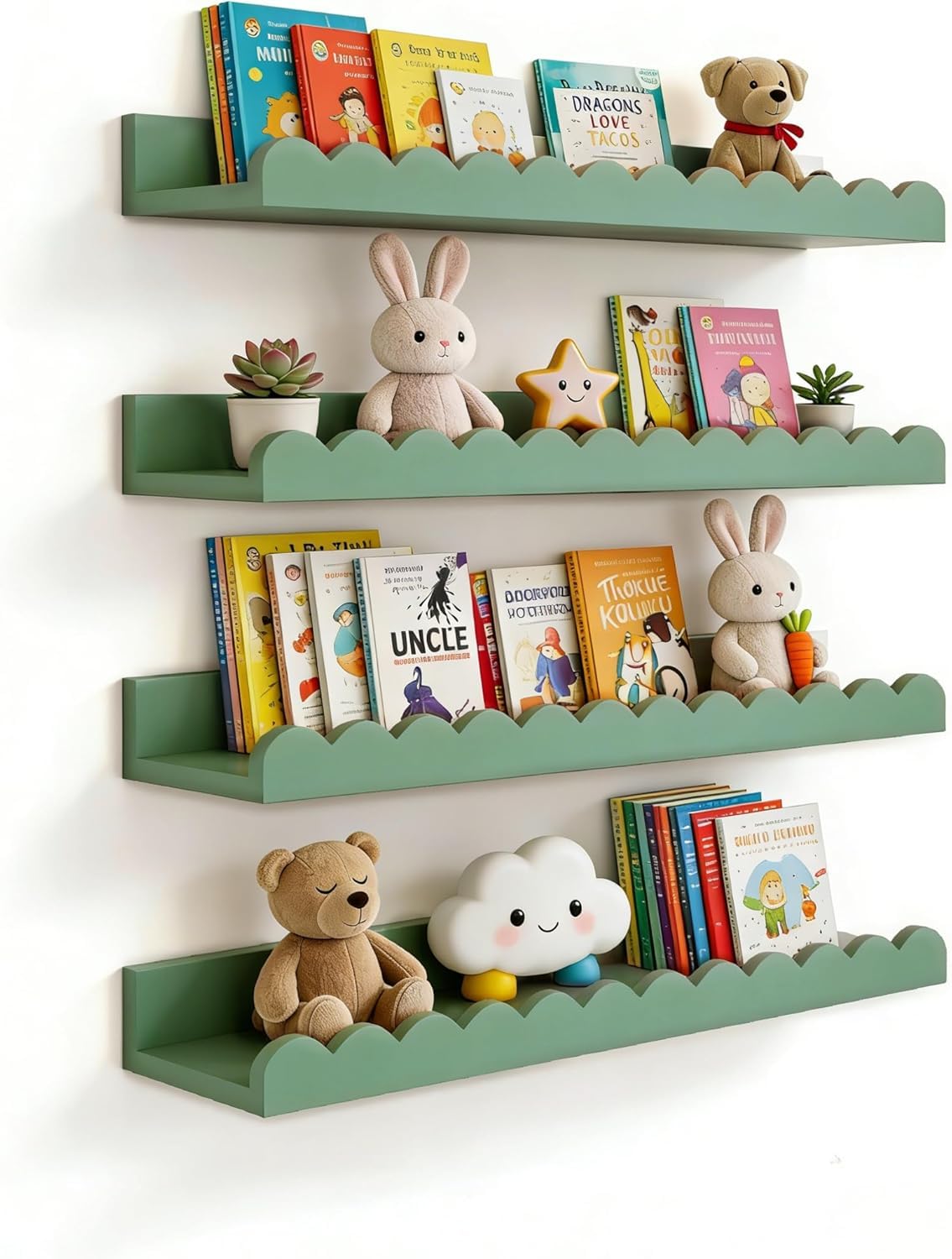 Scalloped Shelves for Nursery – Wall Book Shelves for Bedroom Kids, Nursery Bookshelf for Wall Set of 4, Floating Book Shelves Solid Wood,18 Inch (Green)