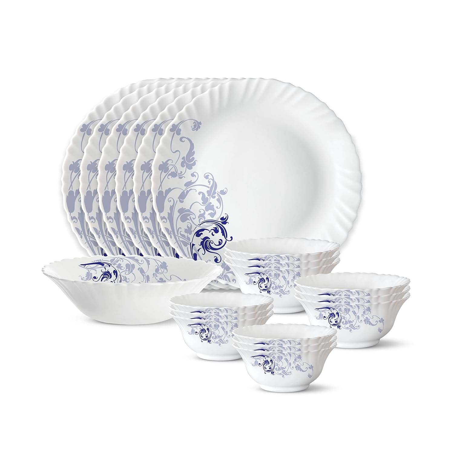 Larah by Borosil Silk Series Opalware Dinner Set | 19 Pieces for Family of 6 | Microwave & Dishwasher Safe | Bone-Ash Free | Crockery Set for Dining & Gifting | Plates & Bowls (Blue Eve)