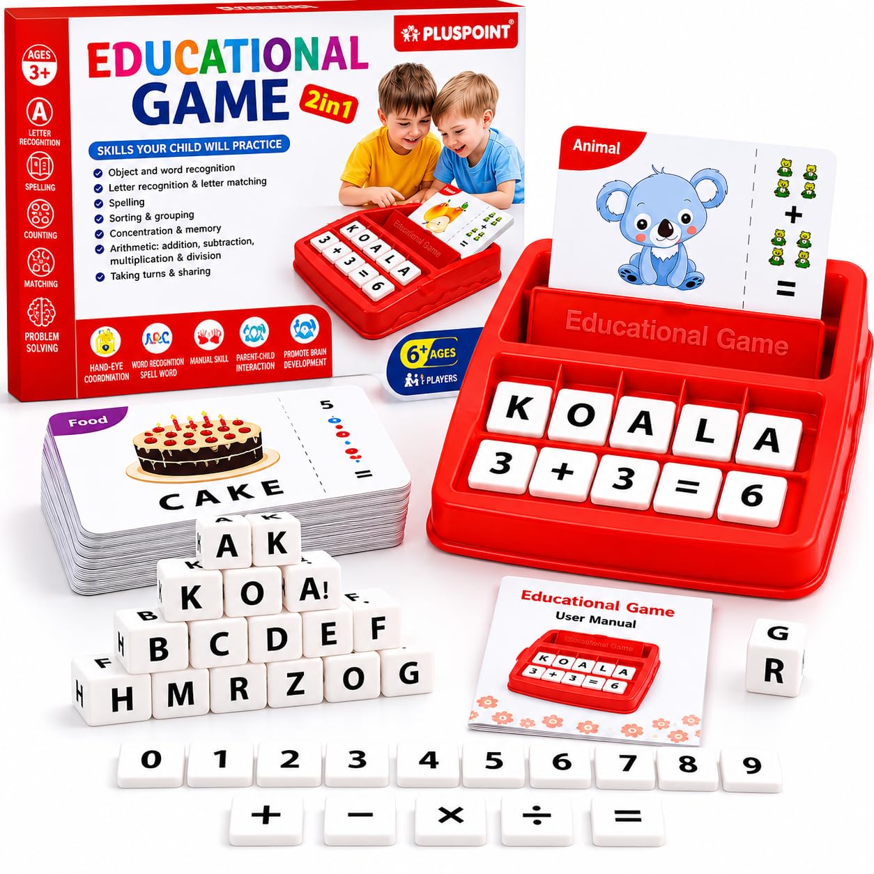 PLUSPOINT Educational Game of Learning Words with Flash Cards 2 in 1 Matching Letter and Number Games for Boys and Girls Sight Words Recognition Kindergarten Teaching Tools Preschool 3 to 8 Years Old