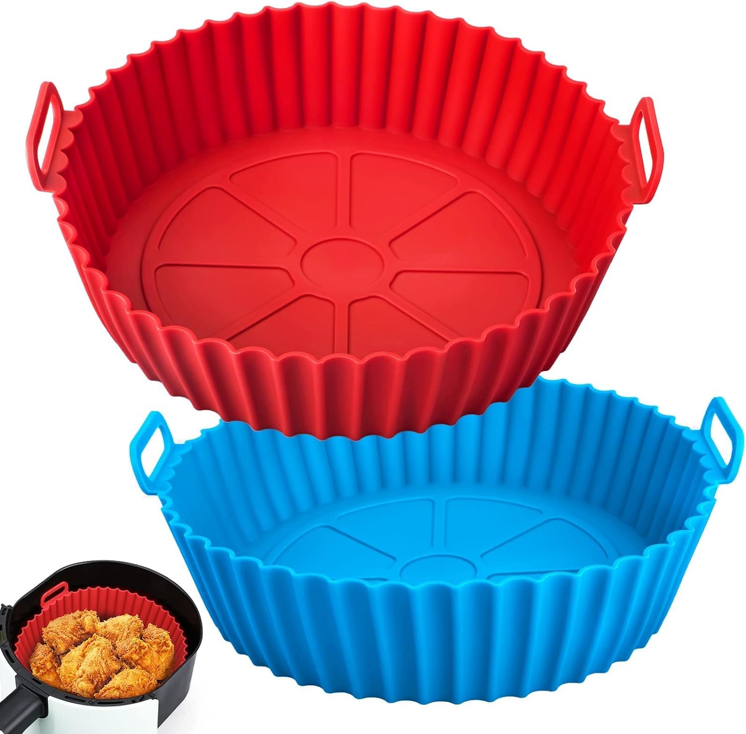 ZELKEY Round Silicone Air Fryer Tray – Reusable, Non-Stick, Heat-Resistant Liner – BPA-Free, Dishwasher Safe – Fits 6 to 8 Qt Air Fryers – Eco-Friendly, Oil-Free Cooking Mat – Multicolor (Pack of 2)