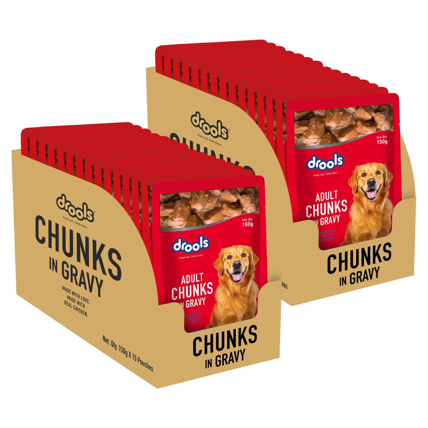 Drools Adult Wet Dog Food 4.5 kg (150g X 30) Pack of 30 | Real Chicken and Chicken Liver Chunks in Gravy | Better Digestibility and Health | Maintain Joint Health | Healthy Bones & Stronger Teeth