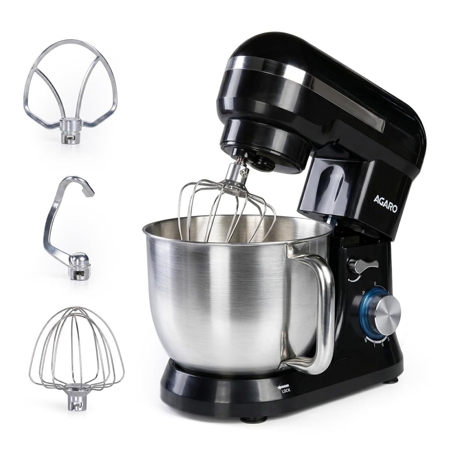 AGARO Royal Stand Mixer, Dough Maker Machine, 1000W Atta Maker, 100% Copper Motor, 5L SS Bowl, 8 Speed + Pulse Function, Includes Whisker, Beater & Dough Hook & Splash Guard, 2 Years Warranty, Black
