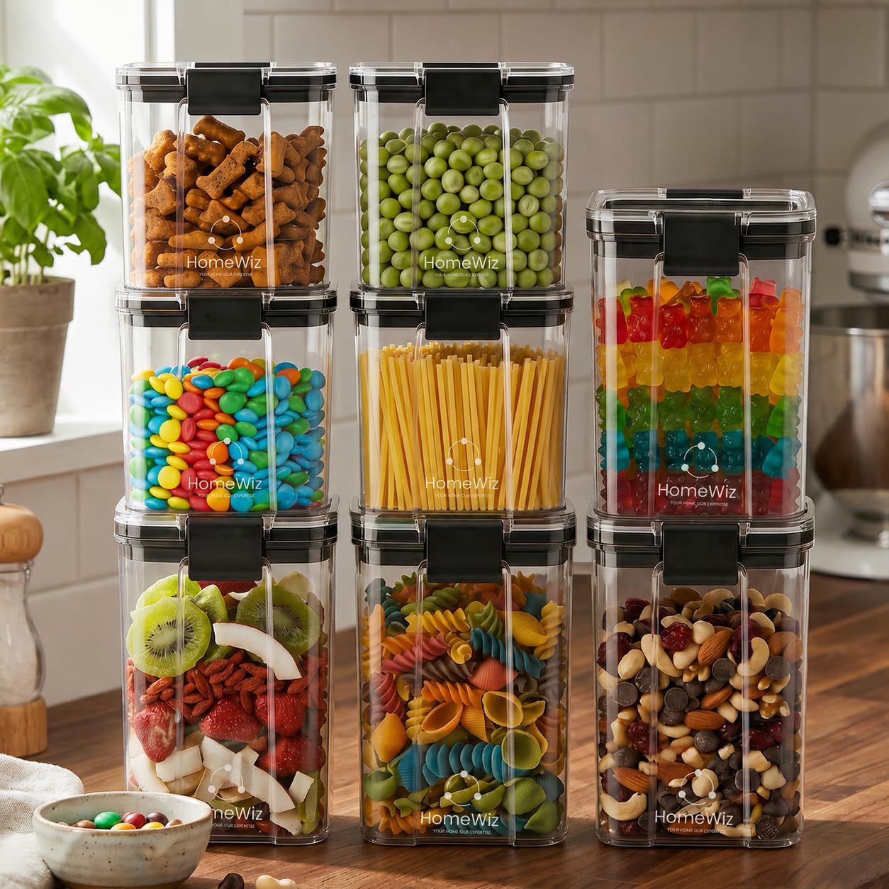 HomeWiz Airtight Kitchen Storage Box Pack of 8 | 1200ml x4 & 700ml x4 | Containers For Kitchen Storage Set |Food Grade BPA-Free Kitchen Containers Set With 2 Side Clip-Lock|Stackable – Pantry & Fridge