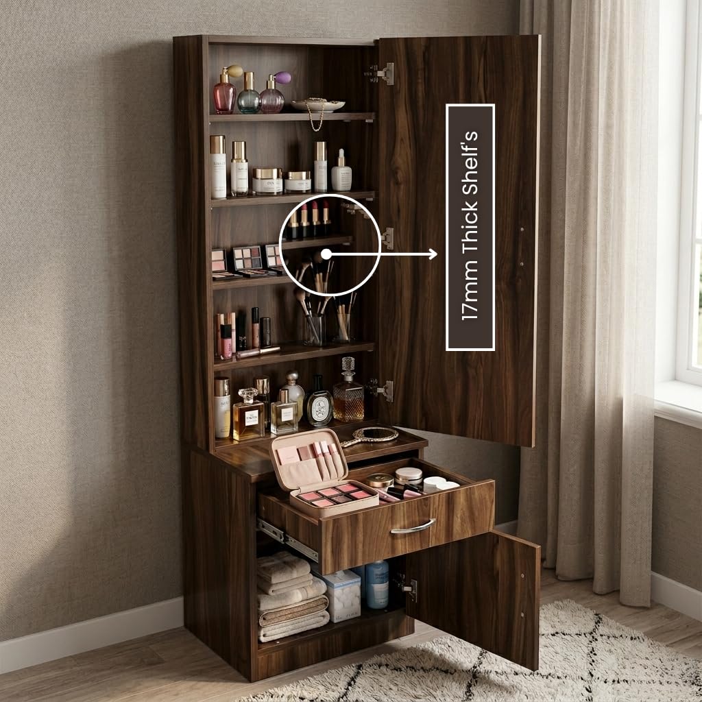 CASPIAN Engineered Wood Single Door Wooden Vanity Dressing Table (Dark Brown) | Pre-Assembled Furniture with Mirror | Makeup & Accessories Storage Organizer with 5 Shelves, 1 Cabinet & 1 Drawer