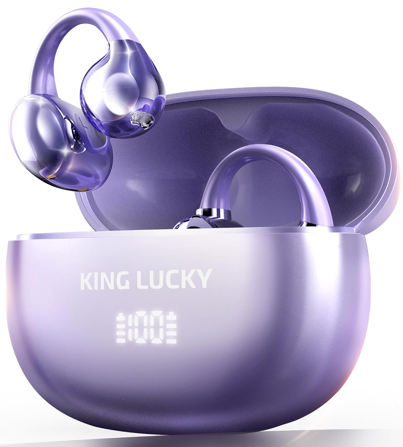 Kinglucky Open Ear Earbuds Clip-On Bluetooth 6.0 Wireless Headphones with Mic, 50H Playtime, ENC Clear Calls, IPX5 Waterproof, Comfortable for Small Ears Sports Gaming (Purple, Digital Display)