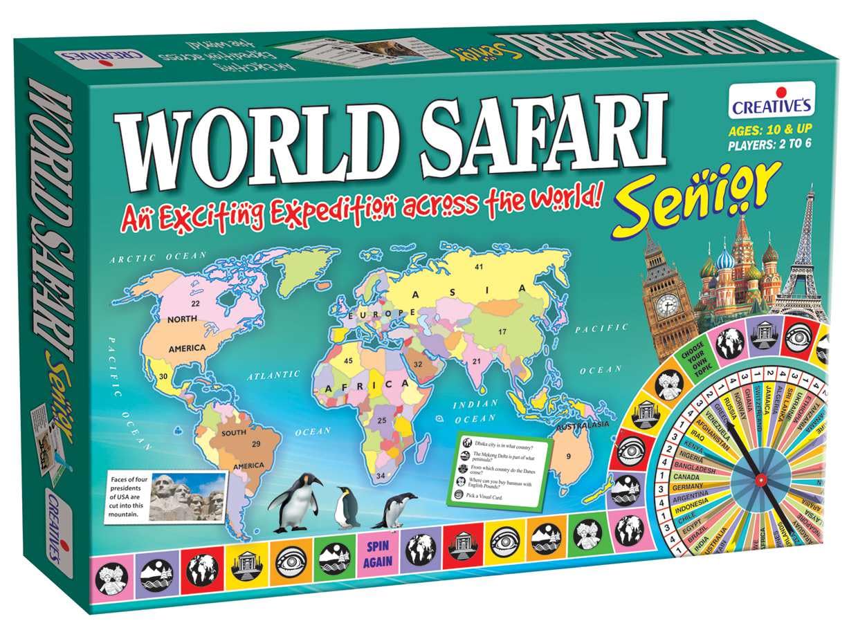 Creative’s World Safari Senior| World Geography Learning Game for Kids & Adults| Educational Board Games with World Map, Learn about Countries, Capitals, Continents, GK Quiz, Ages 10+, 2-6 Players