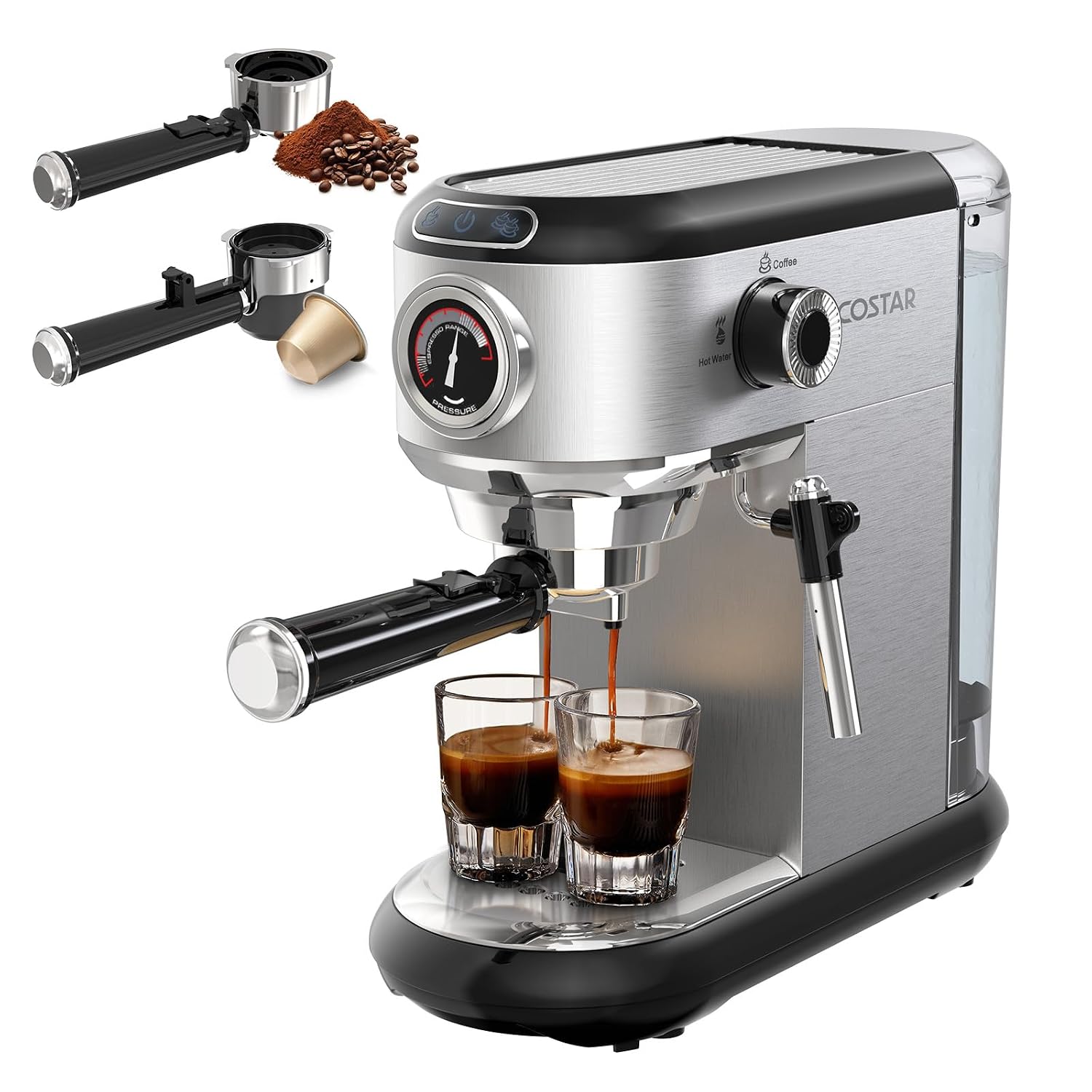COSTAR Coffee Maker Machine for Home, Professional 20 Bar Espresso Machine for Ground Coffee&Capsules, Compact Stainless Steel Espresso Maker with Milk Frother Wand for Cappuccino, Latte, 1450W