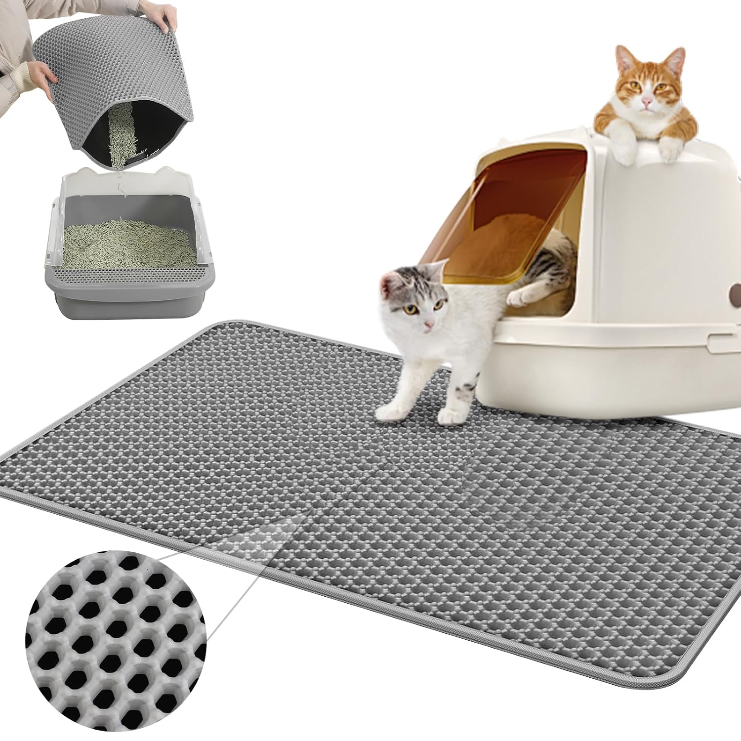 Cat Litter Tray Mat 60 x 40 cm, Waterproof Double Layer Honeycomb Mat for Litter Catcher, Grey