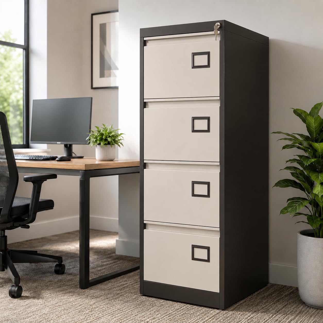 Shubham Furnitures 4 Drawer Powder Coated Steel Filing Cabinet for Office & Home | Lockable Legal & Letter Size File Storage Organizer | Anti Tilt Heavy Duty Metal Document Cabinet Brown