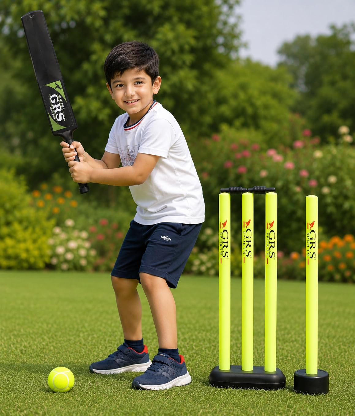 GRS Sports Heavy Grade Strong Plastic Cricket Bat with Wicket Set & Tennis Ball (Size 3) | Cricket Kit for Boys & Girls Age 6-10 Years | Durable Plastic Bat for Indoor & Outdoor Play