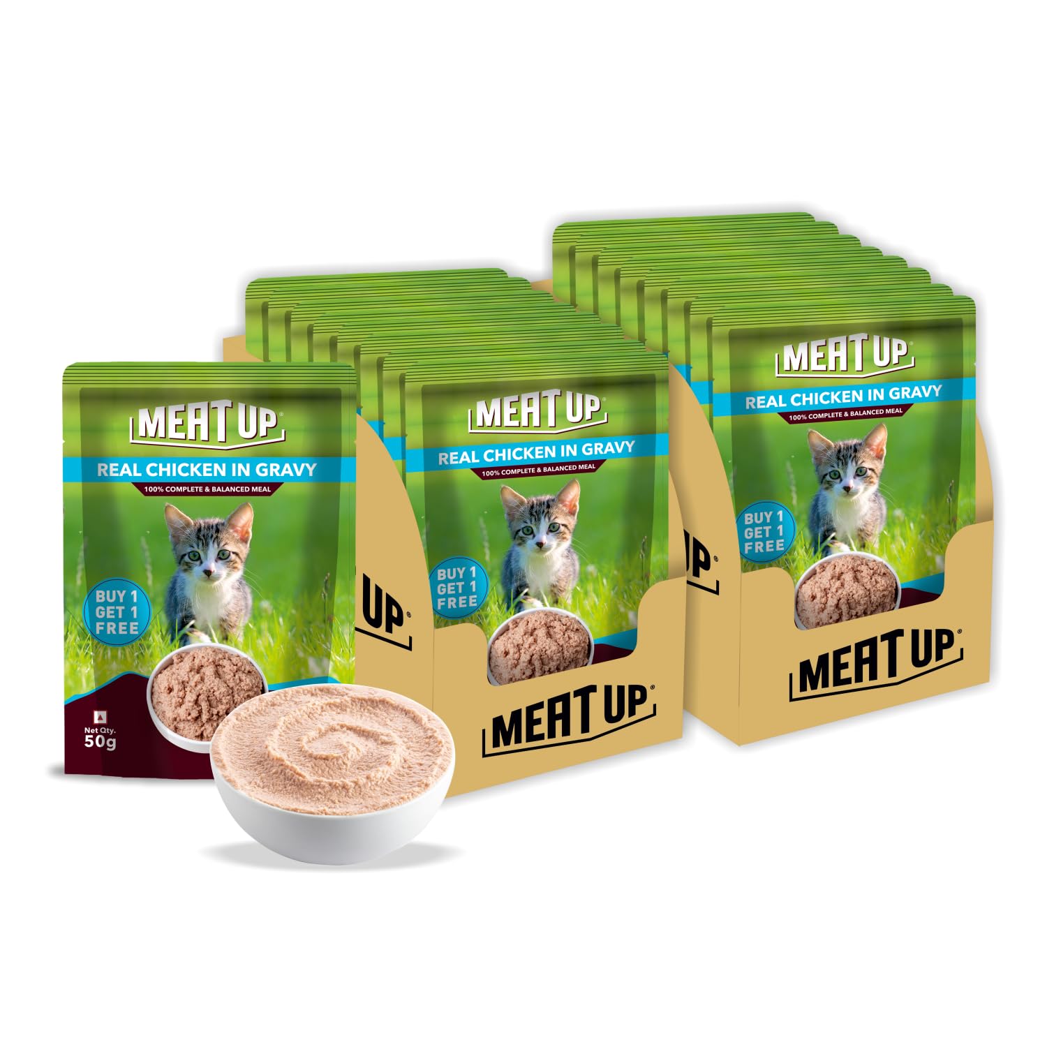 Meat Up Kitten Wet Cat Food 16 Pouches × 50g, Total 800g | Real Chicken | Supports Heart & Vision | Strong Bones & Teeth | Natural Flavours | Organic Minerals & Vitamins