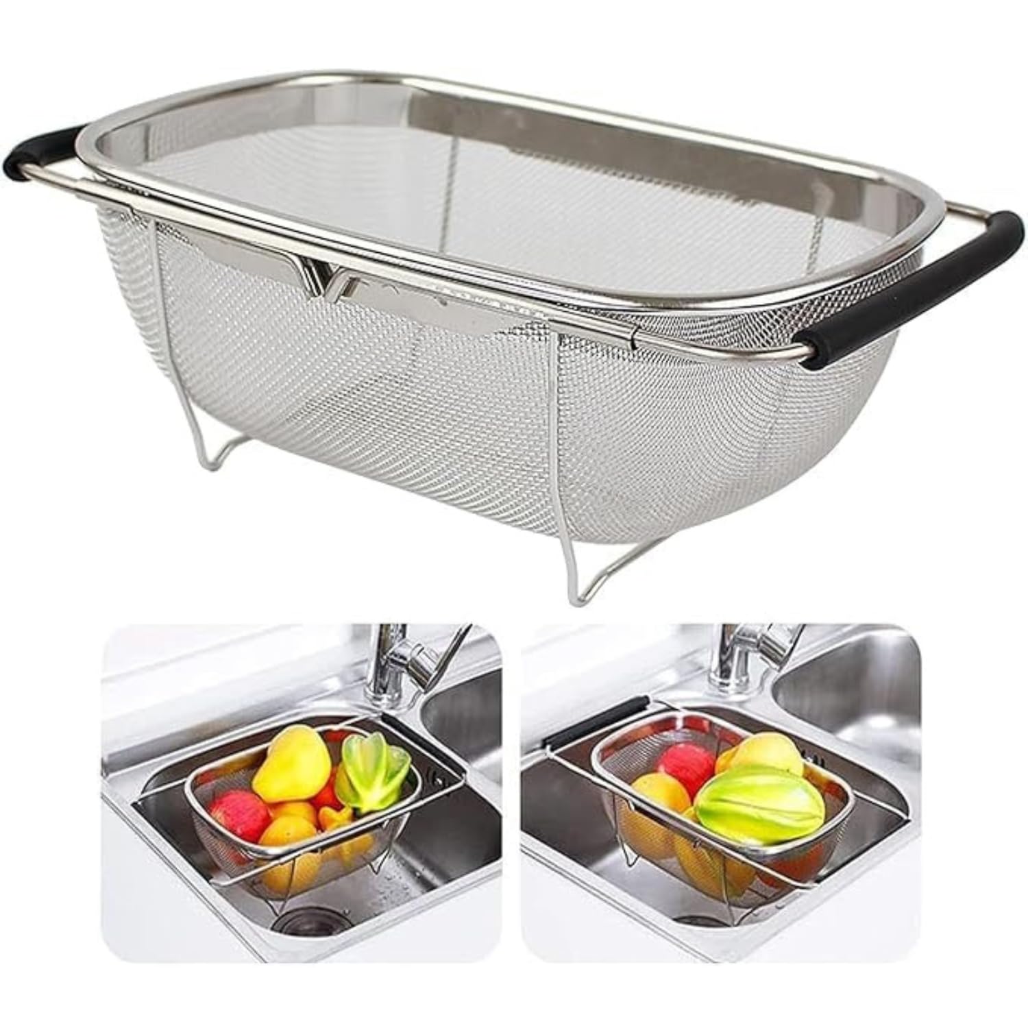 KRESHU Strainer Stainless Steel – Expandable Over the Sink Colander | Stainless Steel with Rubber Grip Handles – Fruits and Vegetable Washing Basket