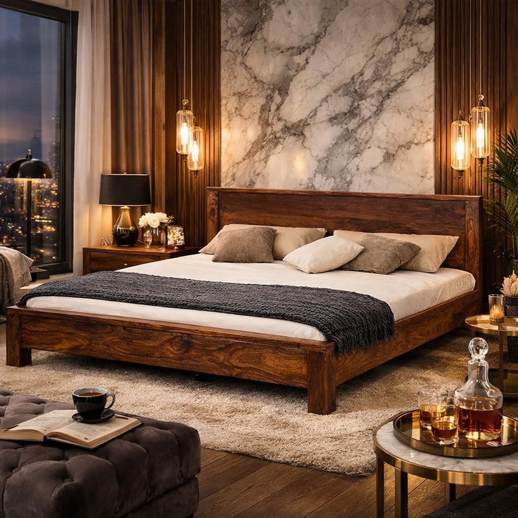 Sheesham Wood King Size Bed for Bedroom Living Room| Solid Wood Platform Bed Without Storage for Hotel | Rosewood Palang Cot | Double Bed |