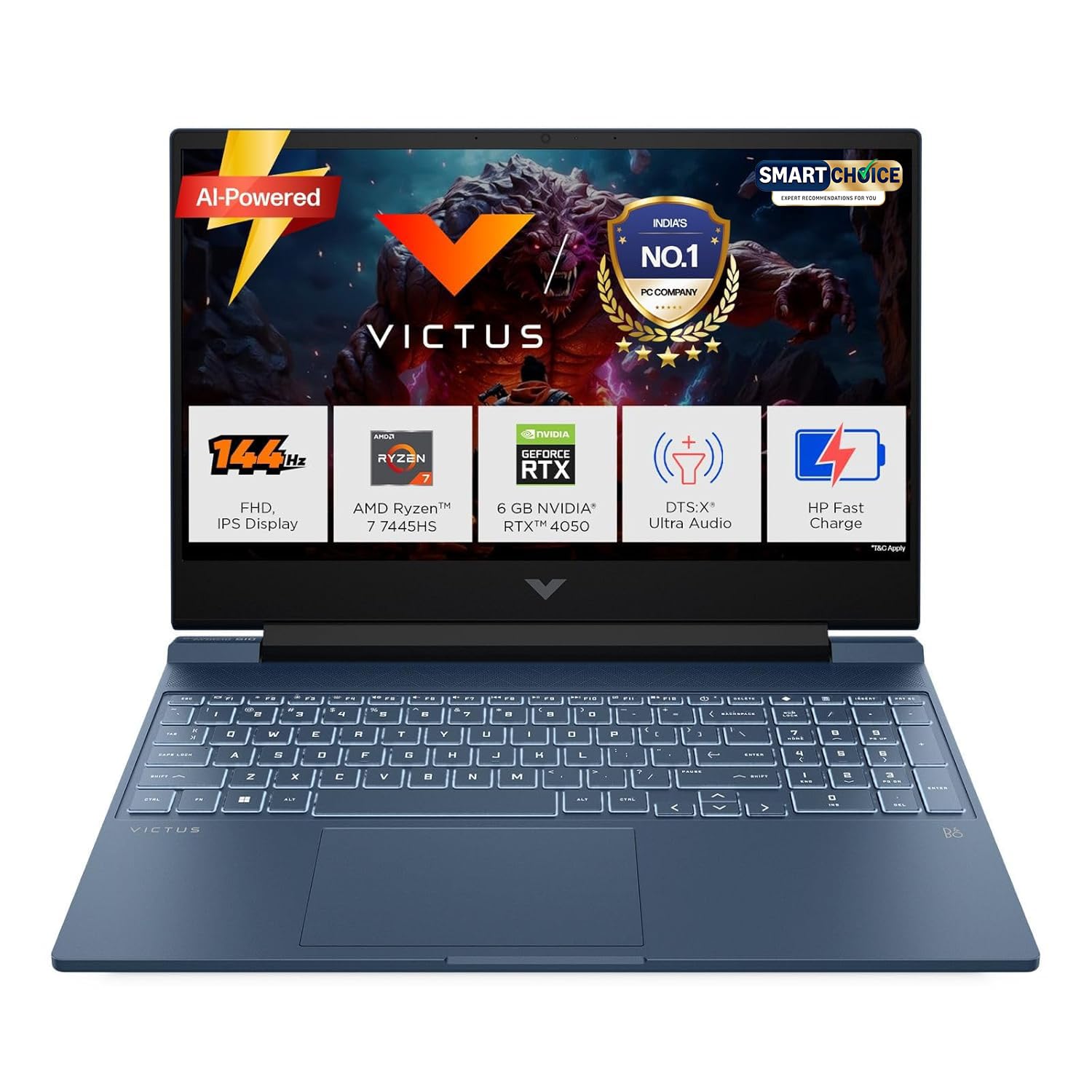 HP Victus, AMD Ryzen 7 7445HS, 6GB RTX 4050, 16GB DDR5(Upgradeable) 512GB SSD, 144Hz, IPS, 300 nits, 15.6”/39.6cm, Win11, Office24, Blue, 2.29kg, fb3130AX, DTS Audio, Xbox Gamepass*, Gaming Laptop