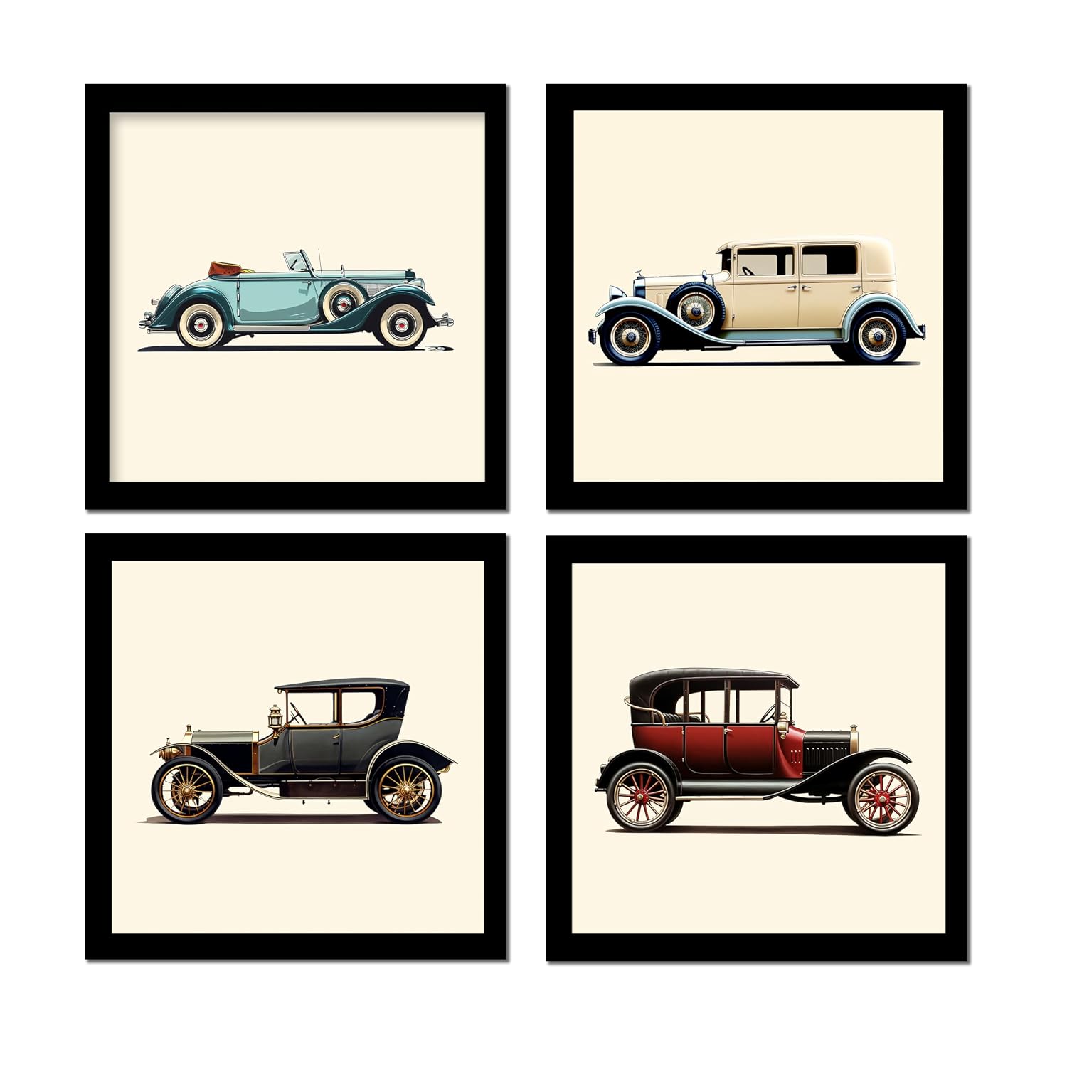 Rousrie Vintage Car Wall Art Framed Posters, Set of 4, Multi Colour, Modern Style Decorative Paintings for Living Room