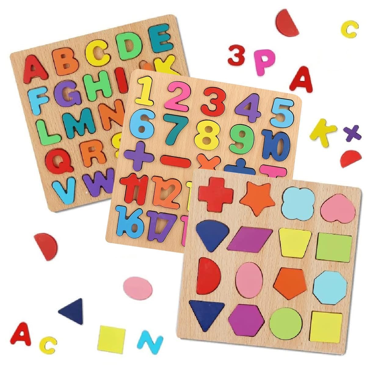 Easymart Wooden Learning Educational ABCD Board for Kids, Activity Toys for Toddlers & Preschoolers | ABCD Puzzle Set | Puzzle Toys for 2 Years Old Boys & Girls (Alphabets, Numbers & Shapes)
