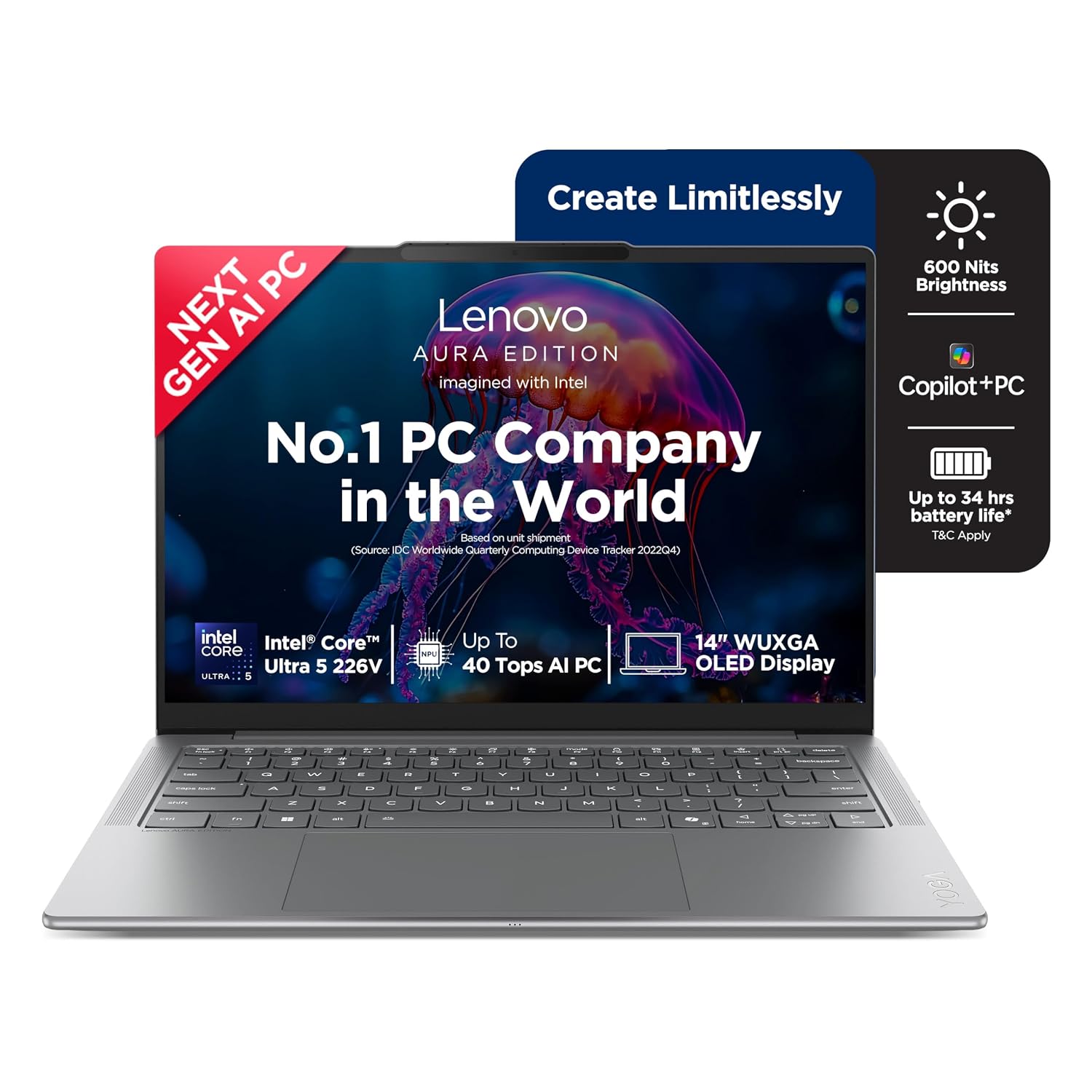 Lenovo Yoga Slim 7 Aura Edition Intel Evo Core Ultra 5 226V (16GB RAM/1TB SSD/14 (35.5cm)/WUXGA OLED/Copilot+ PC/Windows 11/Office Home 2024/1Yr ADP Free/Grey/1.19Kg), 83JX005FIN AI Laptop