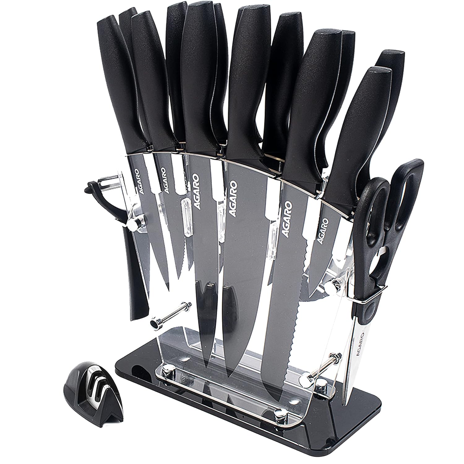 AGARO Grand 17Pcs Kitchen Knife Set, High Carbon Stainless Steel, Professional Chef Knife Set for Kitchen, (13 Knives + Acrylic Stand +Scissors +Peeler & Knife Sharpener), Home & Restaurant Use, Black